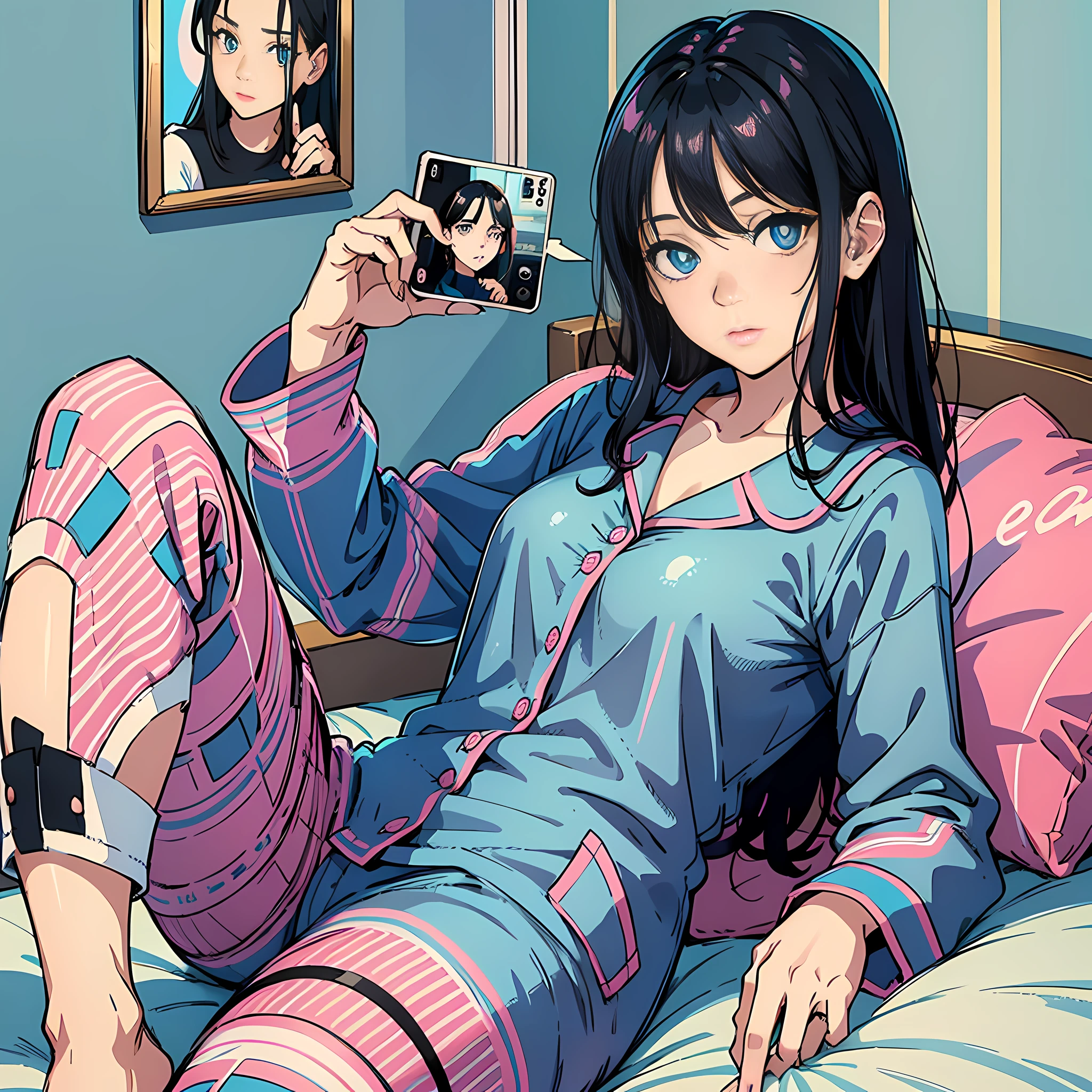 1 woman, delicate face, black hair, blue pupils, pink pajamas, sitting on bed, holding a mobile phone, facing the camera, thinking, surreal