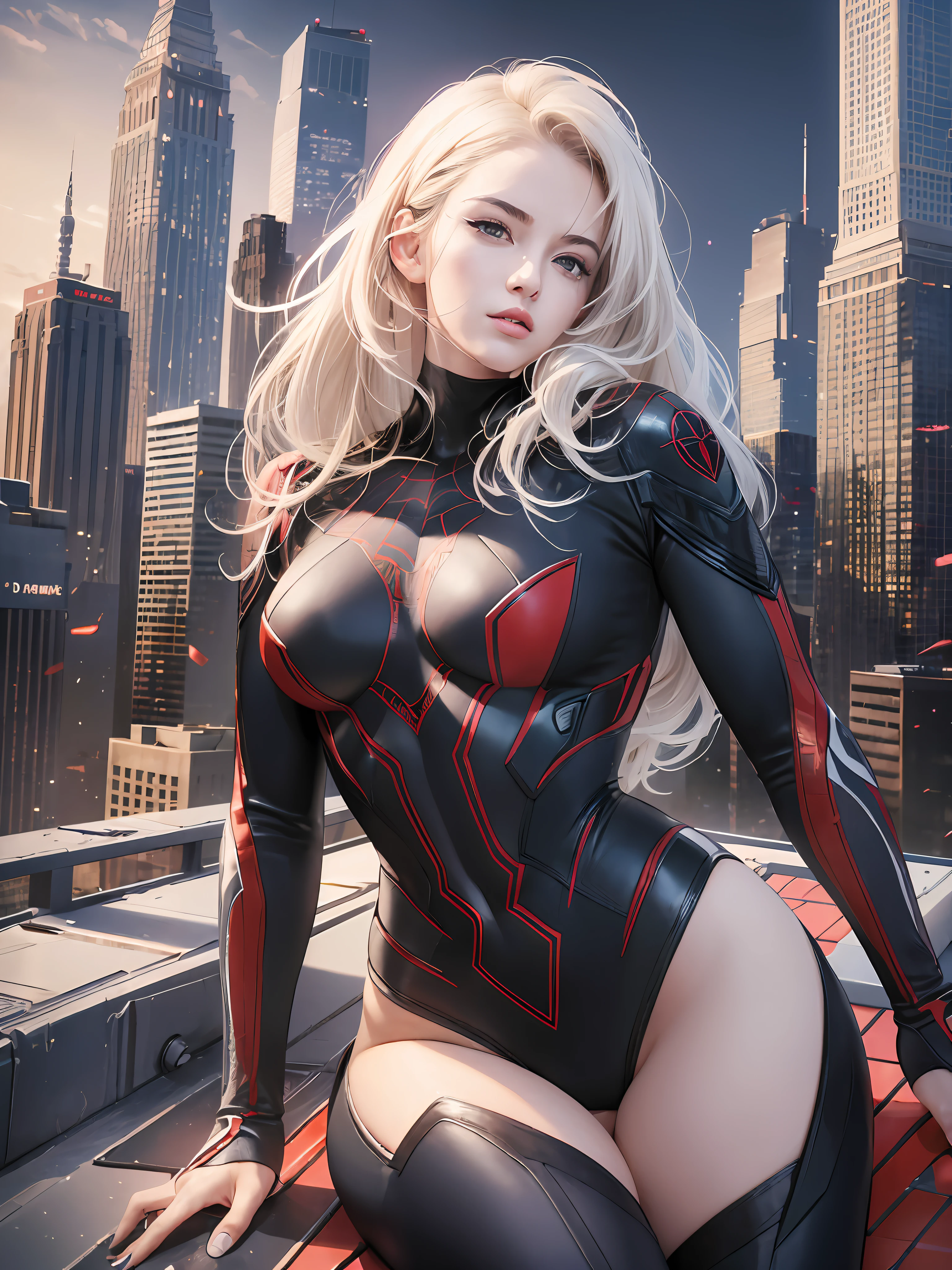(1girl:1.3), Solo, (((Very detailed face)))), ((Very detailed eyes and face)))), Beautiful detail eyes, Body parts__, Official art, Unified 8k wallpaper, Super detailed, beautiful and beautiful, beautiful, masterpiece, best quality, original, masterpiece, super fine photo, best quality, super high resolution, realistic realism, sunlight, full body portrait, amazing beauty, dynamic pose, delicate face, vibrant eyes, (from the front), She wears Spider-Man suit, red and black color scheme, spider, very detailed city roof background, rooftop, overlooking the city, detailed face, detailed complex busy background, messy, gorgeous, milky white, highly detailed skin, realistic skin details, visible pores, clear focus, volumetric fog, 8k uhd, DSLR, high quality, film grain, fair skin, photo realism, lomography, futuristic dystopian megalopolis, translucent --auto --s2