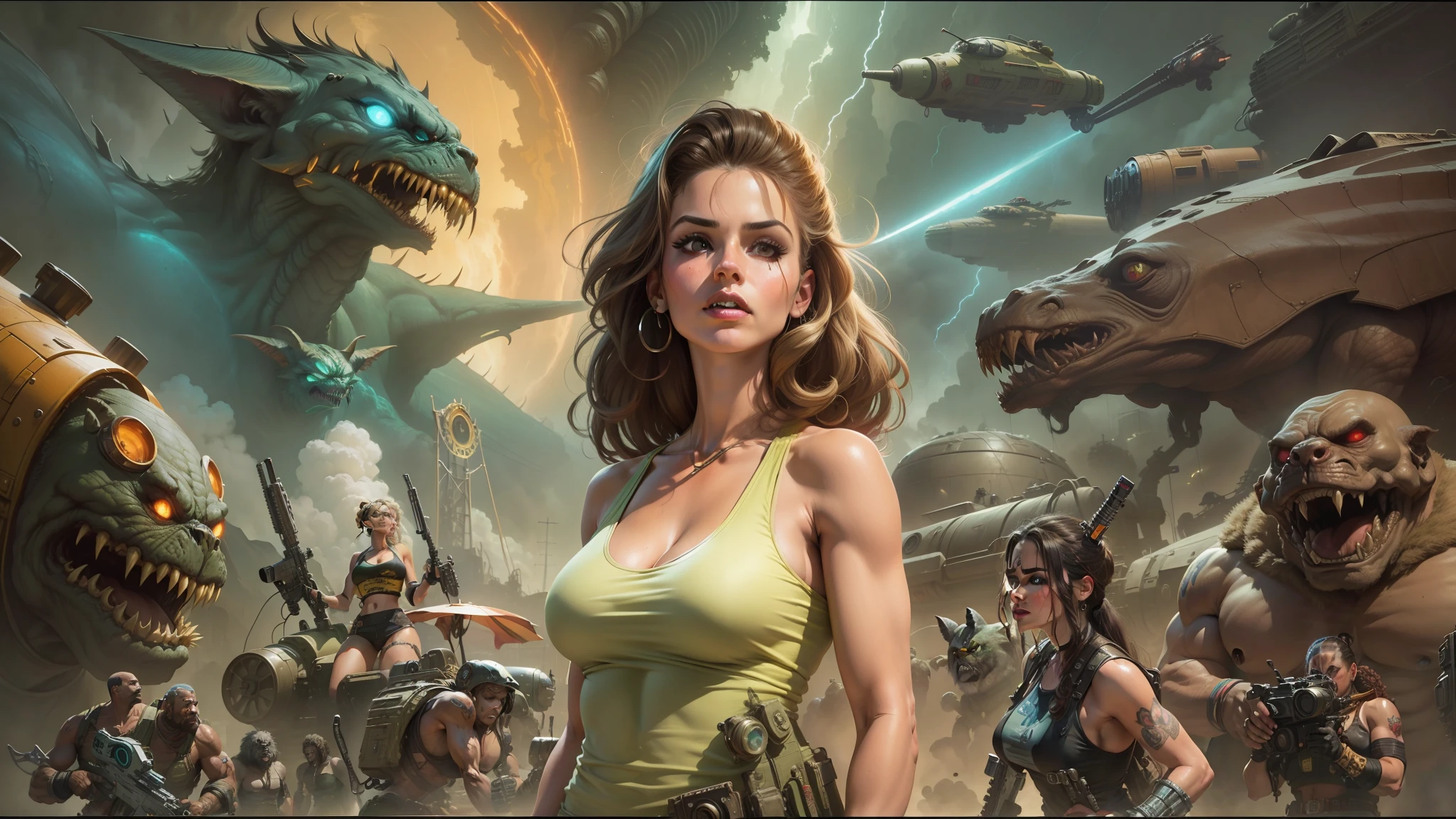 arafed image of a woman in a tank top surrounded by monsters, a retropunk naturewave defender, portrait of sofia vergara, inspired by Dave Dorman, website banner, goddamn! plus, vintage science fiction cinema, nes, sweet artpiece, 8k restored and remastered, sci - fi : :, eve, wild style --auto --s2