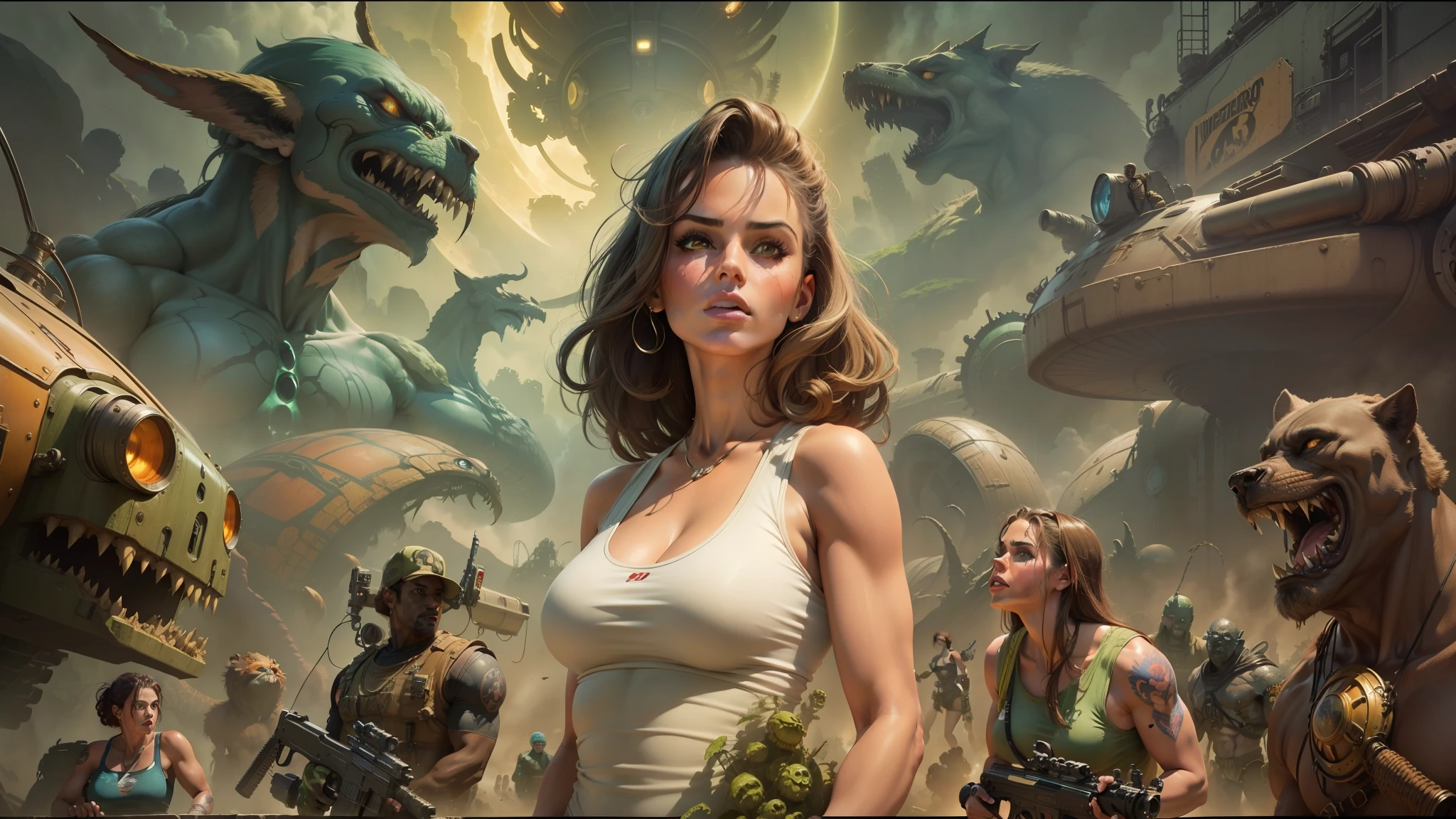 arafed image of a woman in a tank top surrounded by monsters, a retropunk naturewave defender, portrait of sofia vergara, inspired by Dave Dorman, website banner, goddamn! plus, vintage science fiction cinema, nes, sweet artpiece, 8k restored and remastered, sci - fi : :, eve, wild style --auto --s2