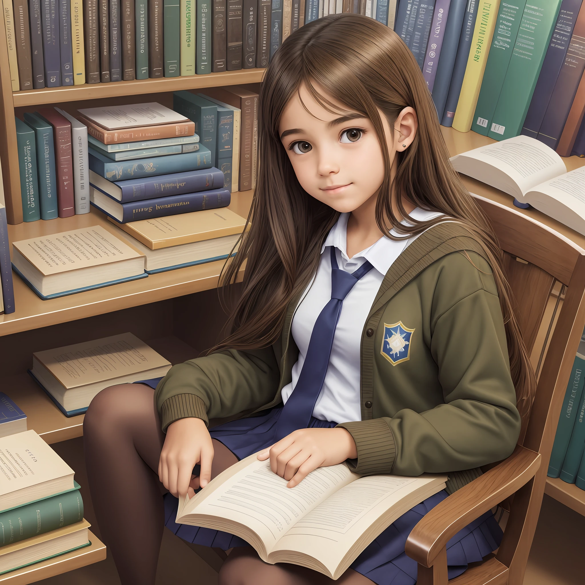 ultrarealistic, -yeld giwith light brown hair and brown eyes, with hair split in half, no glasses, sitting in a chair reading a book in a library, a hyperrealistic student, reading in the library, hyperrealistic student, in a library, realistic student, librarian, catalog photo, beautiful student, small library, dressed as a student, Brazilian school uniform, library background, of a student posing, avatar --auto --s2