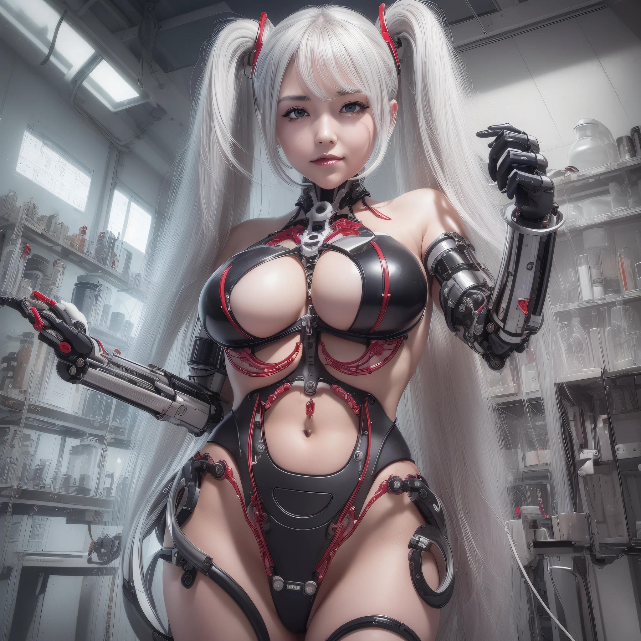 Beautiful Face,face is Japan, 1 Female, Big, Curvaceous, Top Quality, Masterpiece, Ultra Detailed, (Tube Attached Blood Vessel)((Bikini Cyborg Robot Parts)))), (Light Grey Hair), Long Hair, Wavy Hair, Twin Tails, Medium Shot, (((Seductive Smile)), (Black Eyes), Princess Cut,From Below, (whole body ),posing,,in the laboratory,( blood vessel connected to a tube),((mechanical vertebrae attached to the back)),((mechanical neck attached to the neck)),(wire cable attached to the head and body),(character focus),science fiction,