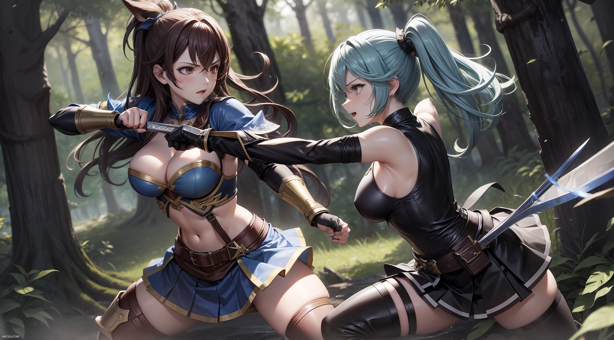 Full body shot of two female from Granblue Fantasy, dueling in close quarters combat! Both of the warriors has their short sword drawn. The fight is intense and deadly, as one of them is defeated. The victor looks resolute and determined to end the match. They are wearing long gloves and black thigh highs, perfectly match their detached sleeves and skirt, all of which compliment their powerful fighting stance. Set in the lush background of the forest. No NSFW picture.