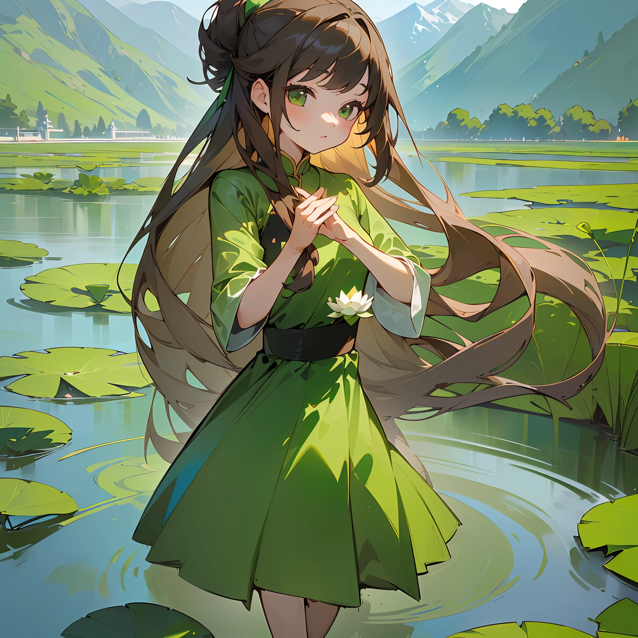 ((2.5D), Girl, Loli Body Type, Chinese Style, Soft Light, Elegant Stance, (Willow Leaf Hairstyle:1.3, Brunette Hair, Green Long Dress, Summer Day, Tranquil Lake, Floating Lotus Leaf, Fields and Mountains)) --auto --s2