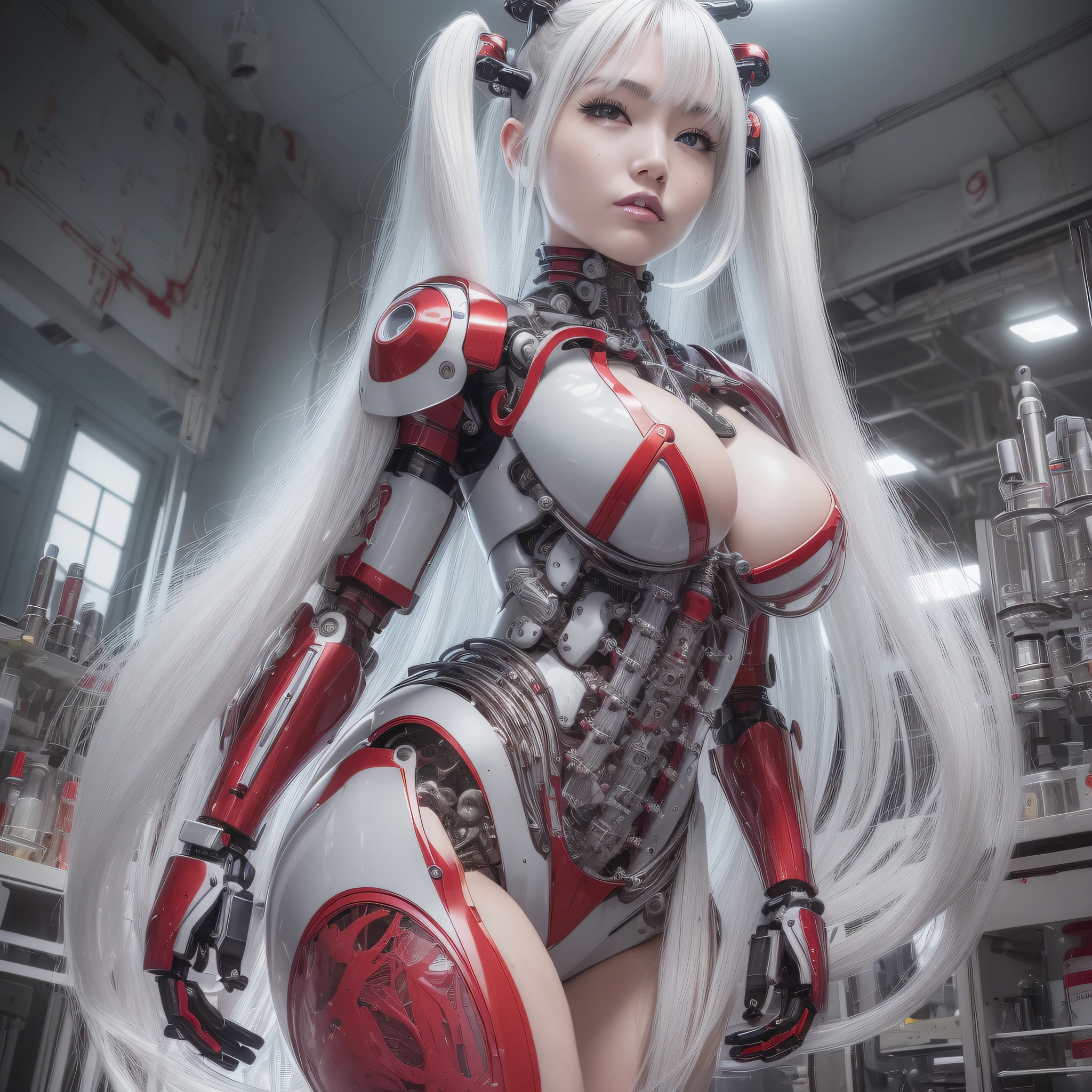 Beautiful Face,face is Japan, 1 Female, Big, Curvaceous, Top Quality, Masterpiece, Ultra Detailed, (Tube Attached Blood Vessel)((Bikini Cyborg Robot Parts)))), (Light Grey Hair), Long Hair, Wavy Hair, Twin Tails, Medium Shot, (((Seductive Smile)), (Black Eyes), Princess Cut,From Below, (whole body ),posing,,in the laboratory,( blood vessel connected to a tube),((mechanical vertebrae attached to the back)),((mechanical neck attached to the neck)),(wire cable attached to the head and body),(character focus),science fiction,