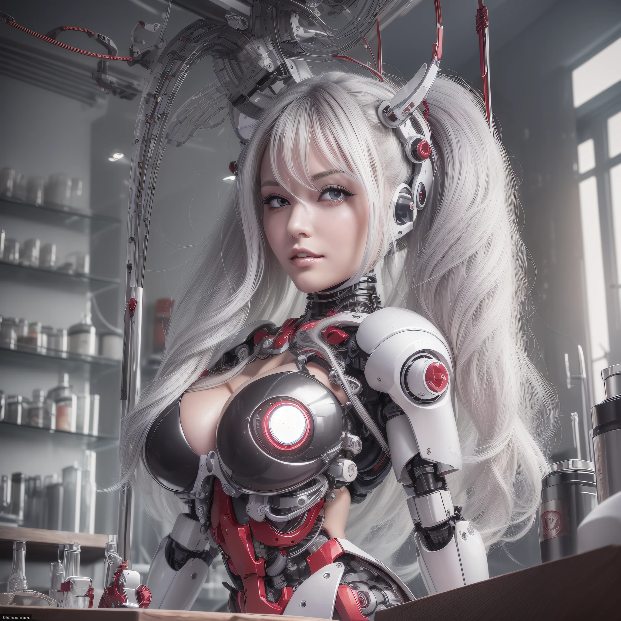 Beautiful Face,face is Japan, 1 Female, Big, Curvaceous, Top Quality, Masterpiece, Ultra Detailed, (Tube Attached Blood Vessel)((Bikini Cyborg Robot Parts)))), (Light Grey Hair), Long Hair, Wavy Hair, Twin Tails, Medium Shot, (((Seductive Smile)), (Black Eyes), Princess Cut,From Below, (whole body ),posing,,in the laboratory,( blood vessel connected to a tube),((mechanical vertebrae attached to the back)),((mechanical neck attached to the neck)),(wire cable attached to the head and body),(character focus),science fiction,
