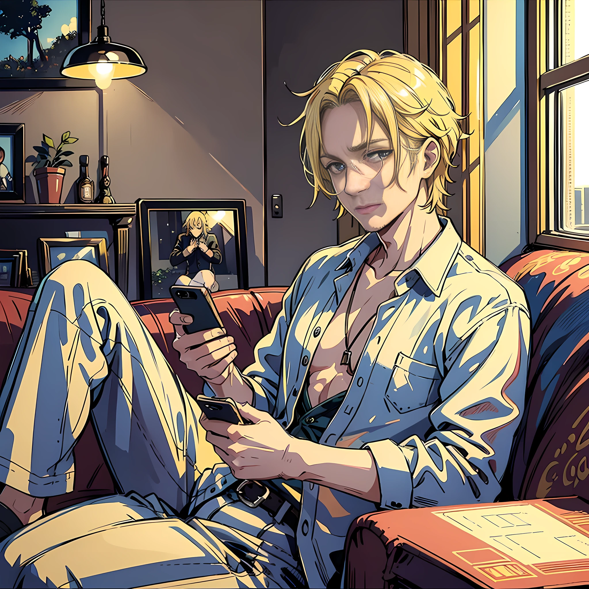 1 man, 40 years old, foreigner, blonde hair, blond pupils, holding a mobile phone, sitting on a sofa, surreal