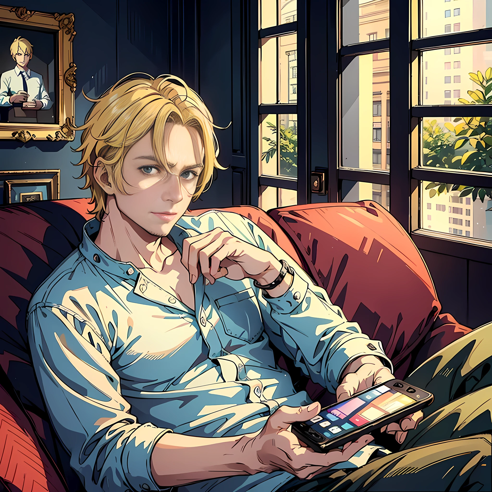 1 man, 40 years old, foreigner, blonde hair, blond pupils, holding a mobile phone, sitting on a sofa, surreal