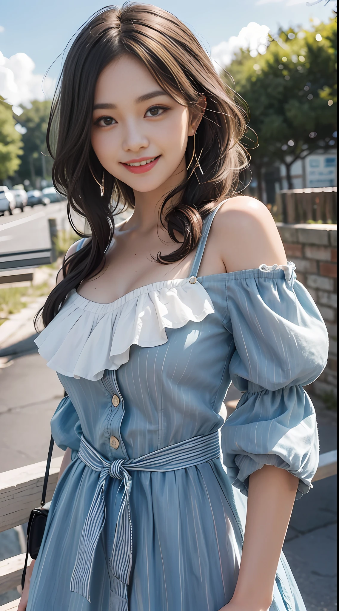 Brunette hair, hair bubbles, cringe, long eyelashes, solid round eyes, light smile, ear blush, fangs, striped hair, hair over the shoulder, moles under the eyes, heterochromia, grin, surrealism, shadow, relief, diorama diagram, tachi-e, pov, atmospheric perspective, ray tracing, 8k, super detail, ccurate, best quality, UHD, textured skin, high detail, high resolution, 8k, super detail