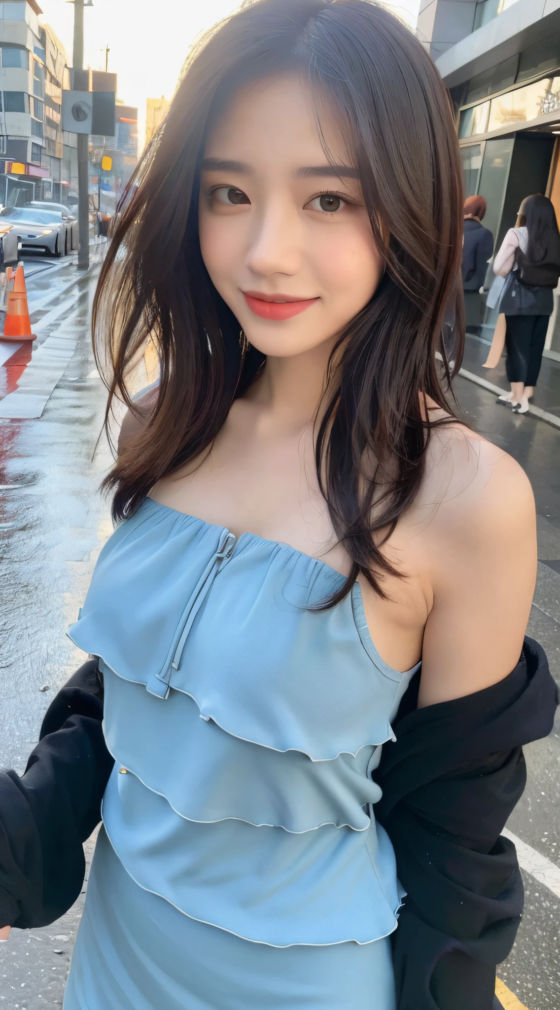 ((Best Quality, 8K, Masterpiece:1.3)), Focus: 1.2, Perfect Body Beauty: 1.4, Buttocks: 1.2, ((Layered Haircut, Breasts: 1.2)), (Wet Clothes: 1.1), (Rain, Street:1.3), Bandeau Dress: 1.1, Highly Detailed Face and Skin Texture, Fine Eyes, Double Eyelids, Whitening Skin, Long Hair, (Shut Up: 1.3), Smile