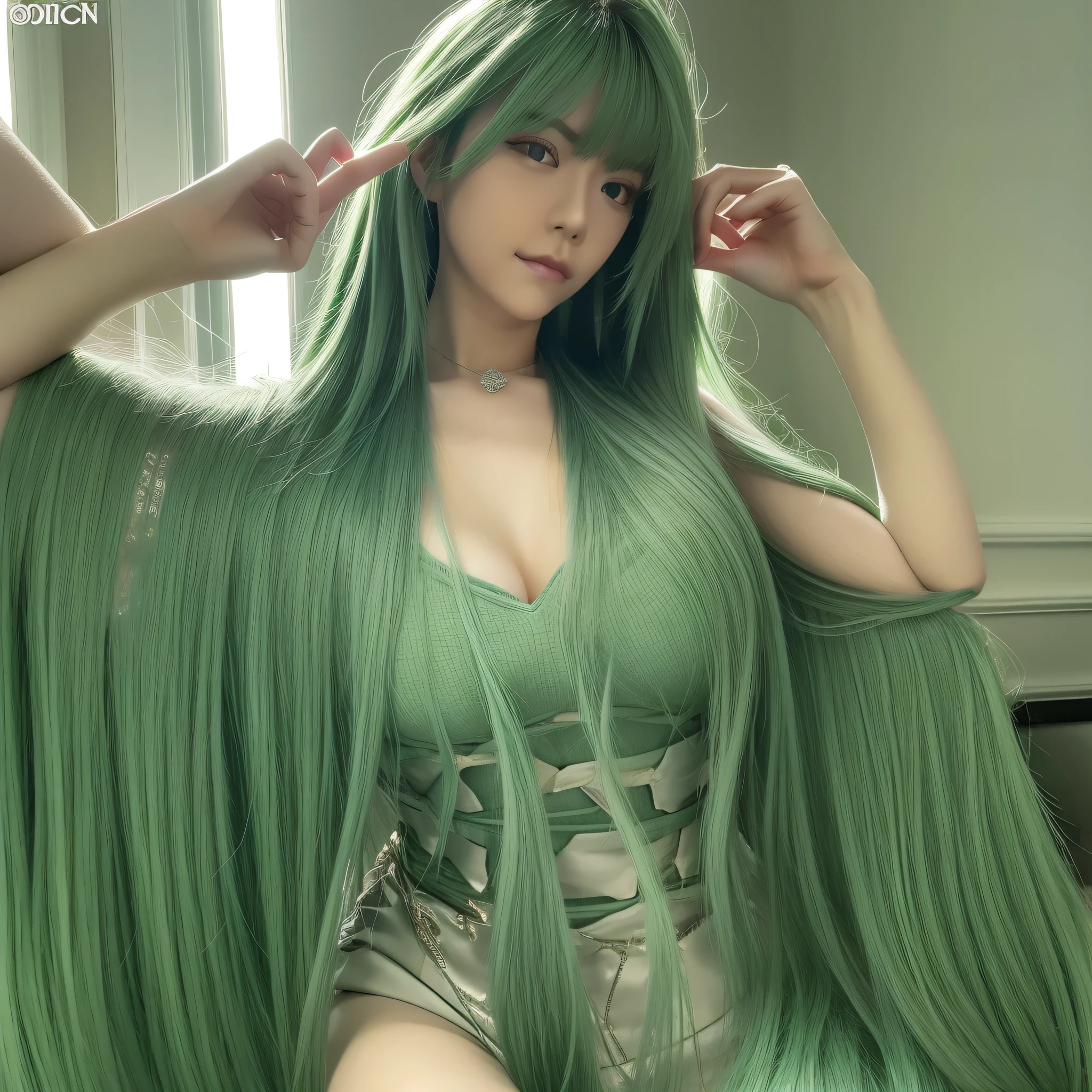 Long green hair, clean, sexy, beautiful woman