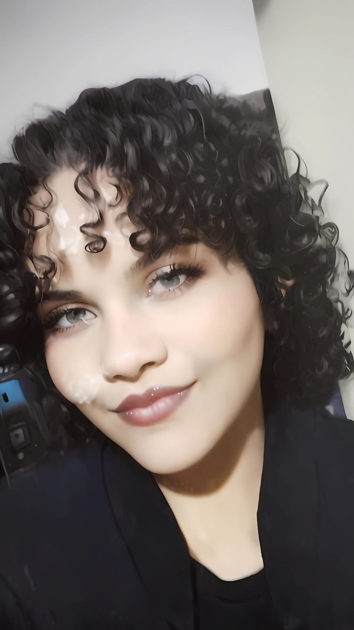 Create the same image with an old, 1990s look, old camera, white powder on the face, black lipstick, detailed curls, biting the lip, sensualizing