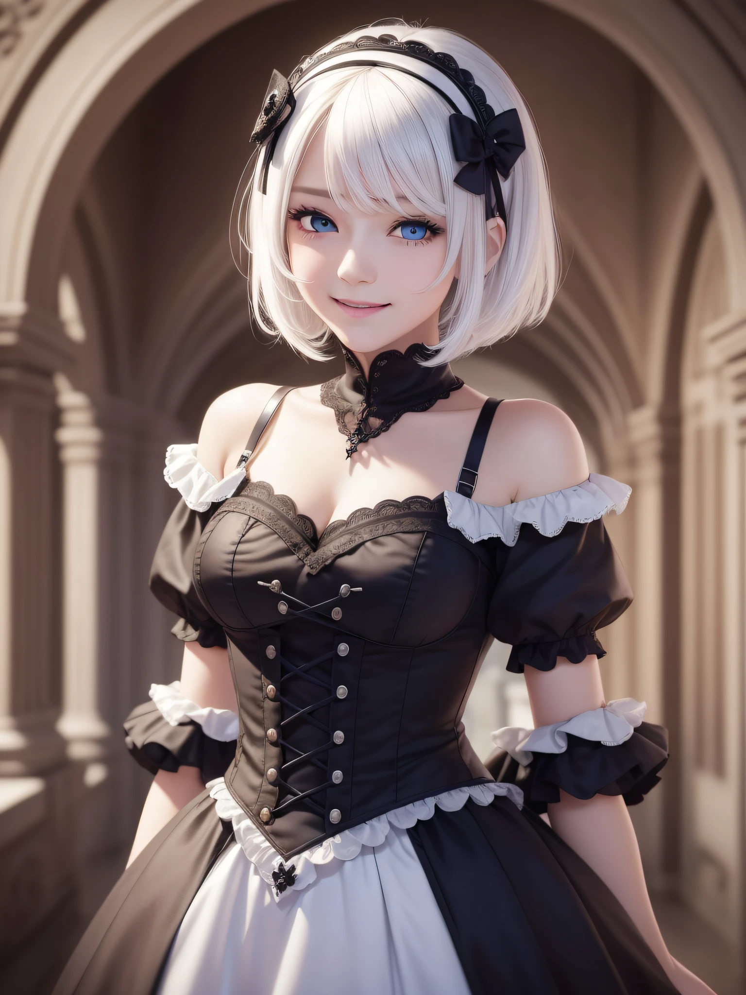(RAW Photo: 1.2), (Photorealistic: 1.4), (Masterpiece: 1.3), (Best Quality: 1.4), Ultra High Resolution, (Detailed Eye Features), (Detailed Facial Features), (Detailed Clothing Features), HDR, 8k Resolution, Solo Focus, Bangs, Skin Tight, (Glossy Skin), (Slender Beautiful Girl), Check Commentary, Commentary Request, Landscape, No letters, Bob hair, Short hair, White hair, Blue eyes, 1 girl, Full body, Gothic ta, Happiness, smile