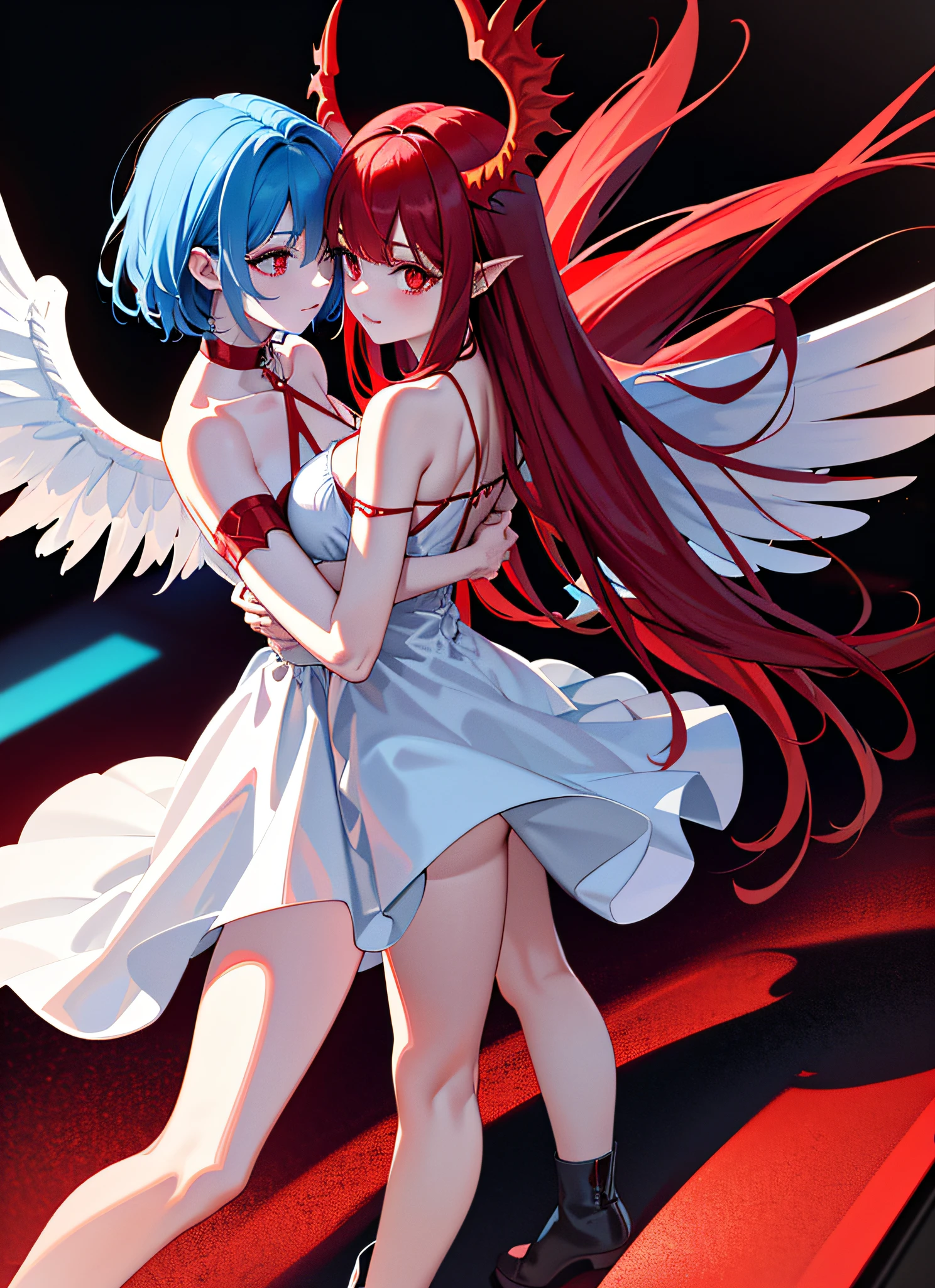 (Devil-winged maiden, long red hair, red horns, wings on her back, wearing a straitjacket, with two hands and two feet), (Angel Winged Maiden, wearing a white strap dress with short blue hair), the two hugged together