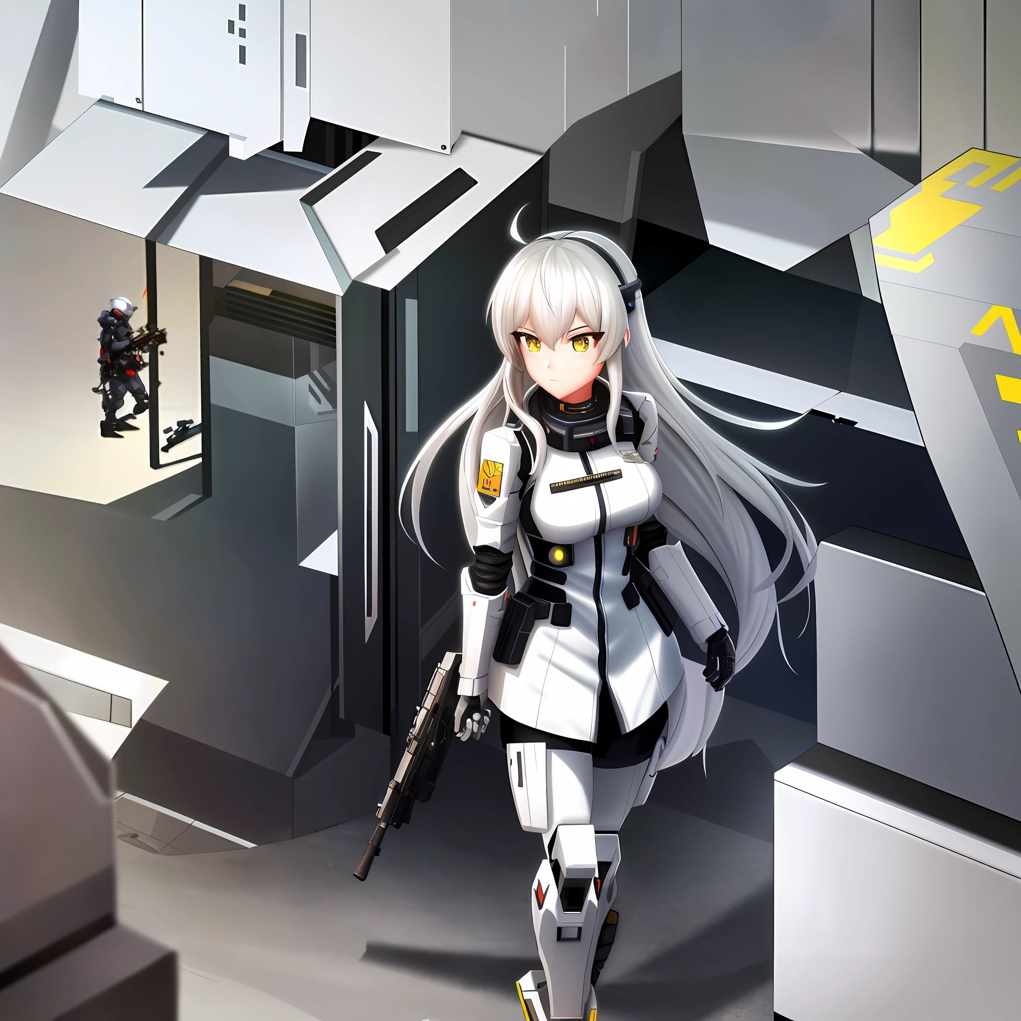 anime - style female soldier with a gun and a tank in the background, girl in mecha cyber armor, in white futuristic armor, cyberpunk anime girl mech, clothed in sci-fi military armor, beutiful white girl cyborg, cyborg - girl with silver hair, ferra white mecha, echo from overwatch, perfect anime cyborg woman, cgsociety inspired --auto --s2