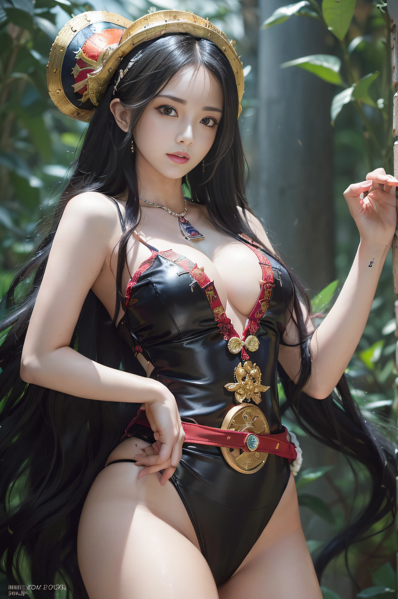 (((masterpiece+best quality+high resolution+ultra-detailed))), (((boa hancock cosplay,one piece))), long silky black hair, high nose, sharp eyes, noble and inviolable temperament, (([female]: 1.2 + [beauty]: 1.2 + black long hair: 1.2)), dark and deep background, bright eyes, dynamic angle and posture.