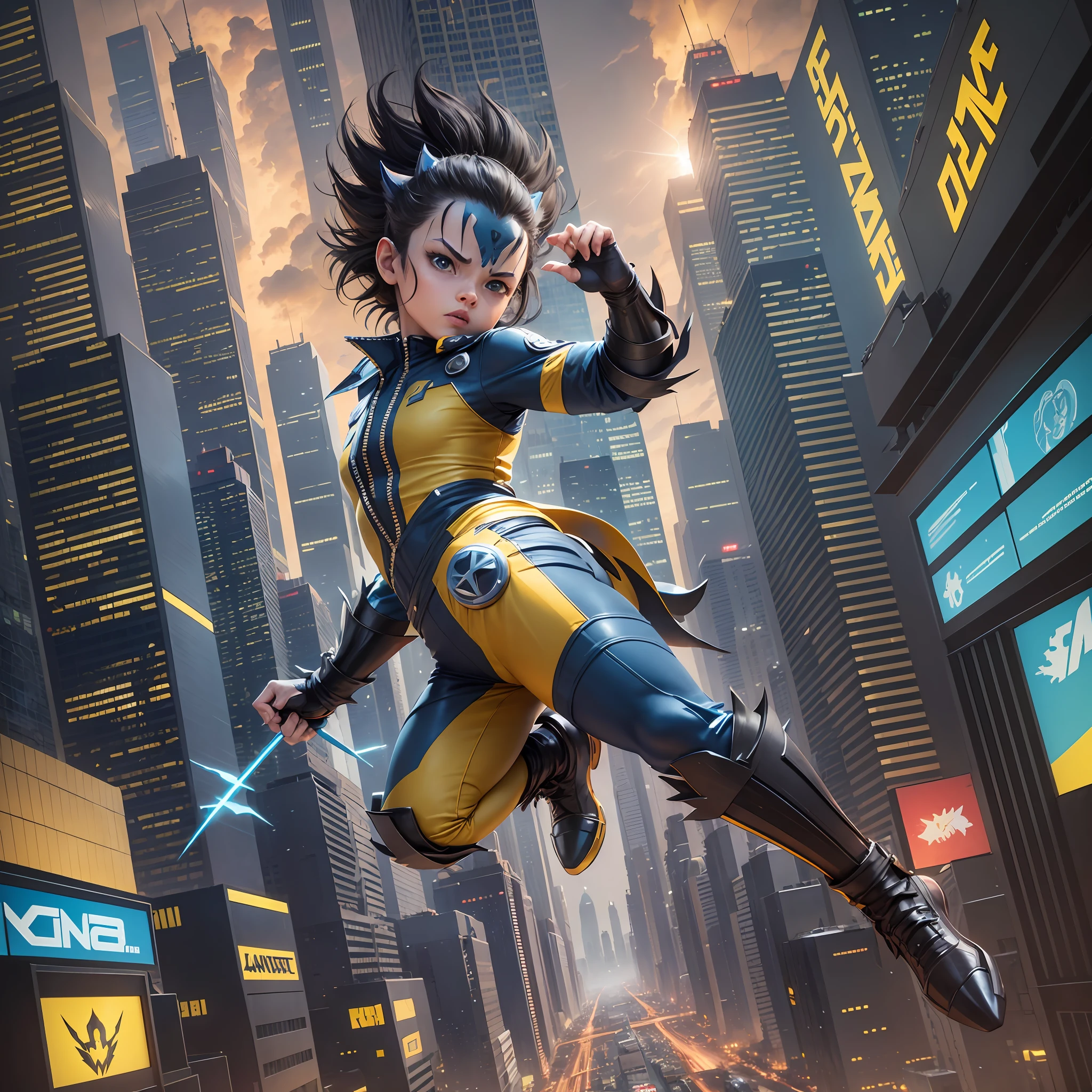 avatar, animation, 3d, cartoon MARVEL super hero, cute baby Wolverine, yellow x-men outfit, claws coming out of hand, jumping, dark futuristic city background --auto --s2