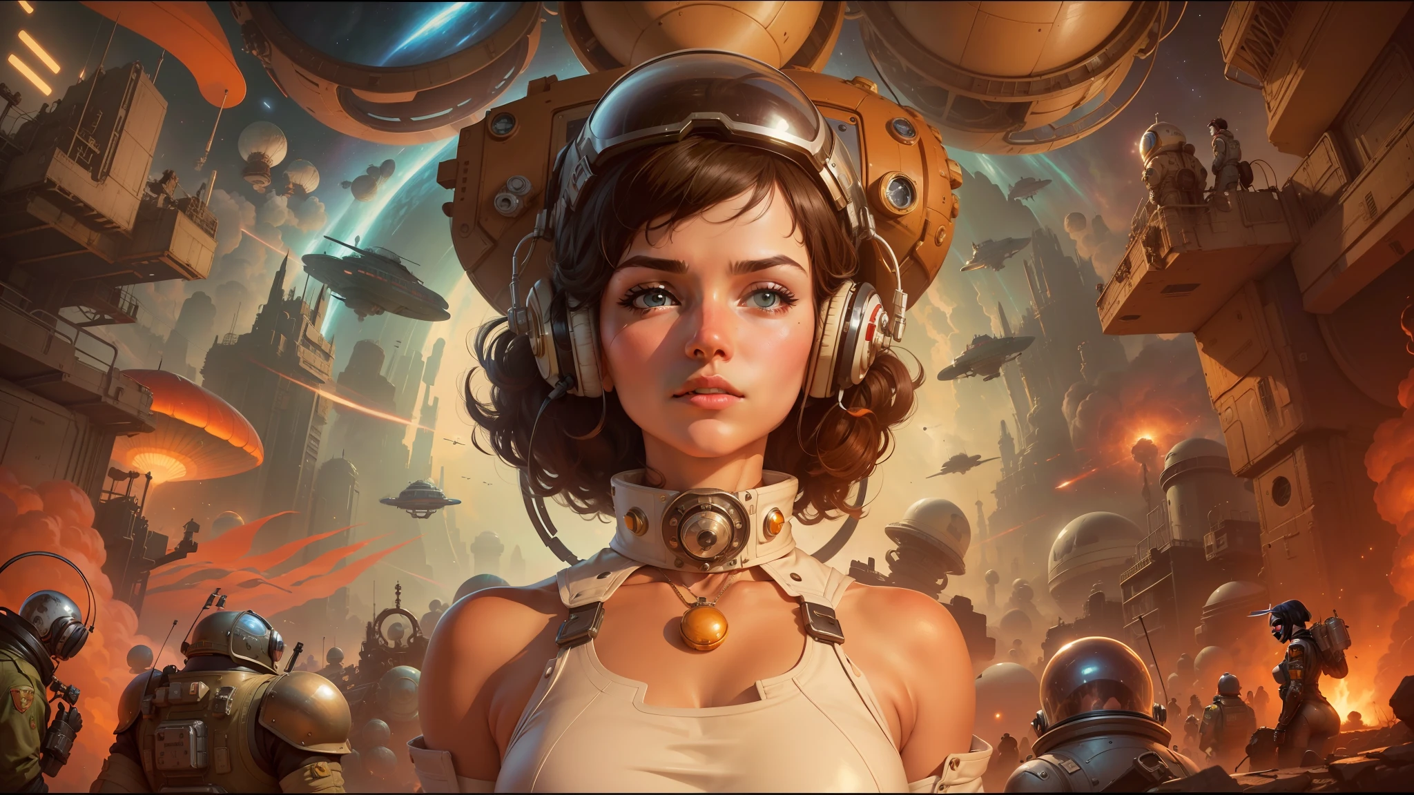a close up of a woman in a space suit with a bunch of people, kilian eng and thomas kinkade, trending on artstatioin, boris vallejo and ilya kuvshinov, anamorphic widescreen, realistic cute girl painting, 1 9 8 6 movie screenshot, mushroom city, space dandy, computer game art, dieselpunk --auto --s2