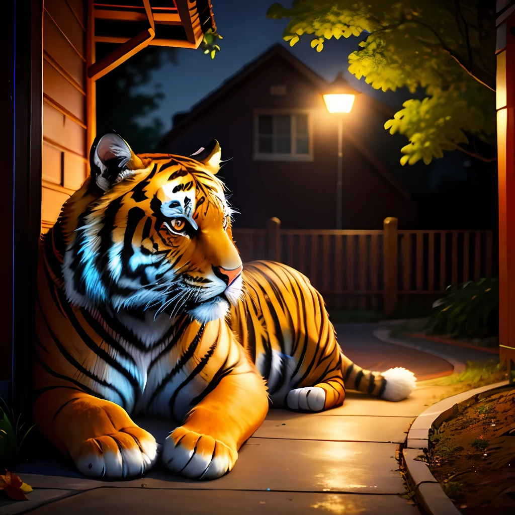 tiger at night near a house