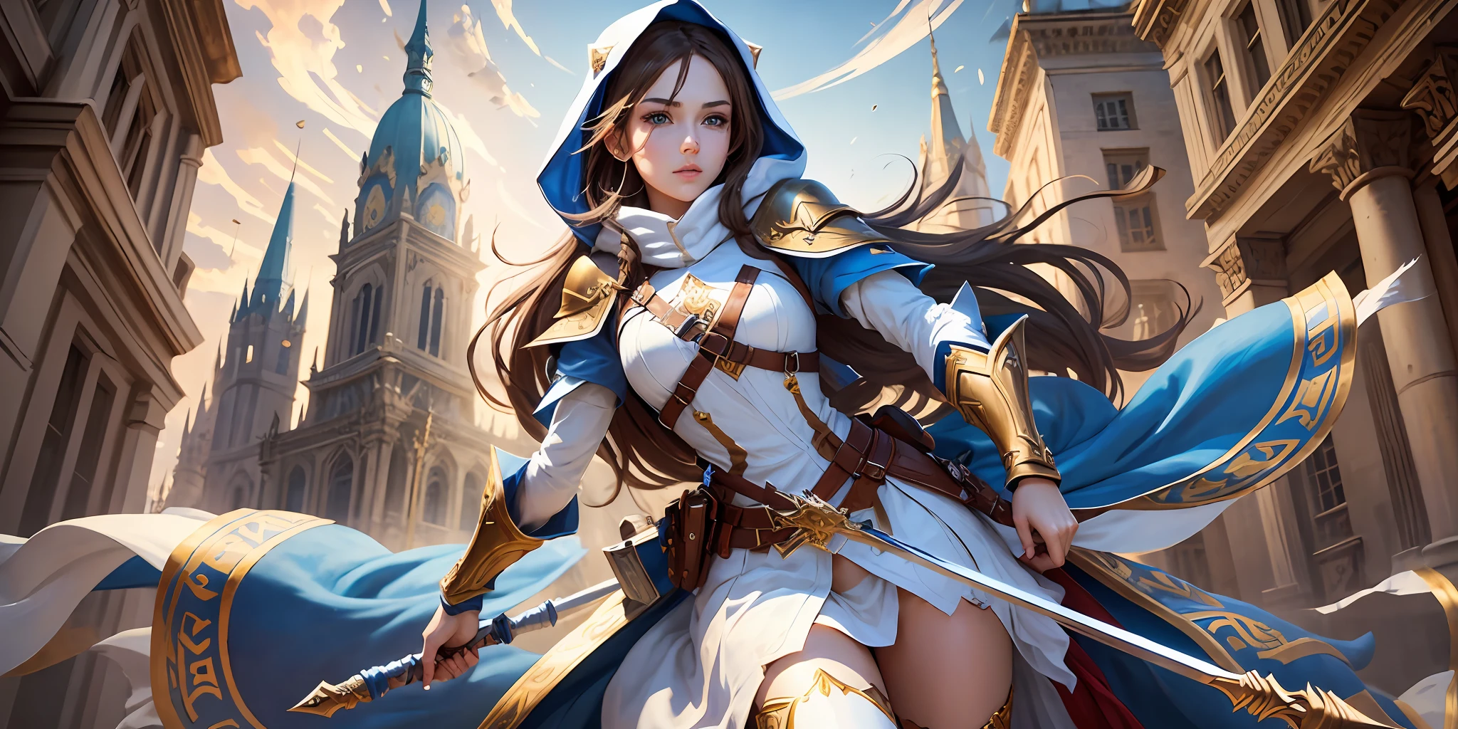 A full-body shot of Princess Zelda, brown hair, blue eyes, dressed as an Assassin from Assassins Creed, in white+gold with a white mask and hood with gold details, XL bust, using a glowing blue+gold kunai. Ready to battle, fighting stance, Background: A city at night during the renaissance period. Unreal Engine 5, Anime, Anime style, Masterpiece, Well drawn eyes, well drawn face, well detailed eyes, well detailed face, 8k, light and shadow effect. --auto --s2