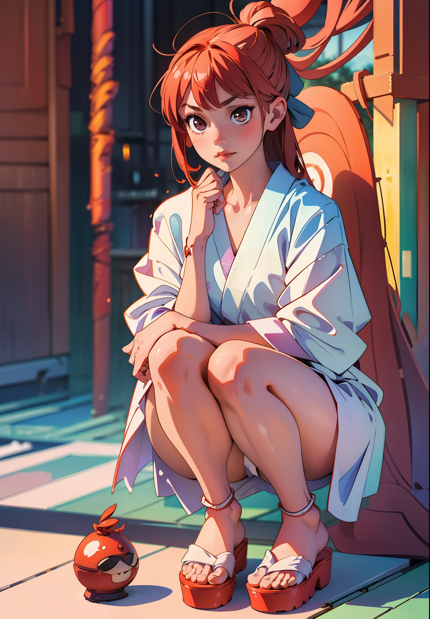 Beautiful girl wearing a short yukata with a white and red hem is squatting and touching her hair with one hand, looking at the camera, ((((background blur))), sandals with nose cords, bare feet, cotton underwear,