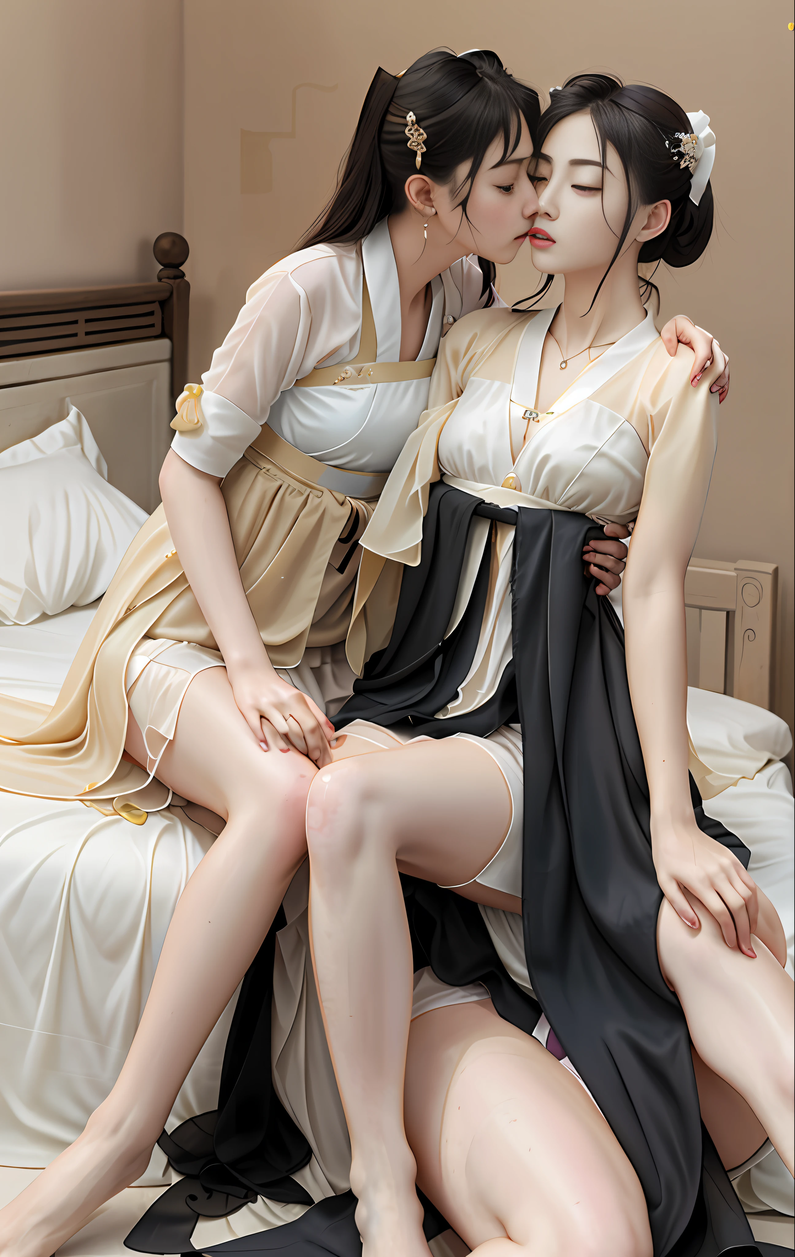 High quality, masterpiece, masterpiece, delicate facial features, delicate hair, delicate eyes, delicate colored hair, 4K picture quality, brilliant light and shadow, tyndall effect, halo, brunette hair, state of youth, chain, big eyes ancient Chinese beauty, very detailed, woman lying on bed, (man riding on woman) Hanfu, Chinese style, martial arts, sexy, transparent, wet, bare legs, bare breasts, (man and woman hug and kiss), (hand reaches into skirt to touch breast) (lifts skirt to expose lower body) Bare shoulders, bare buttocks, open legs, (man kissing woman's, chains, collars, handcuffs, leg cuffs