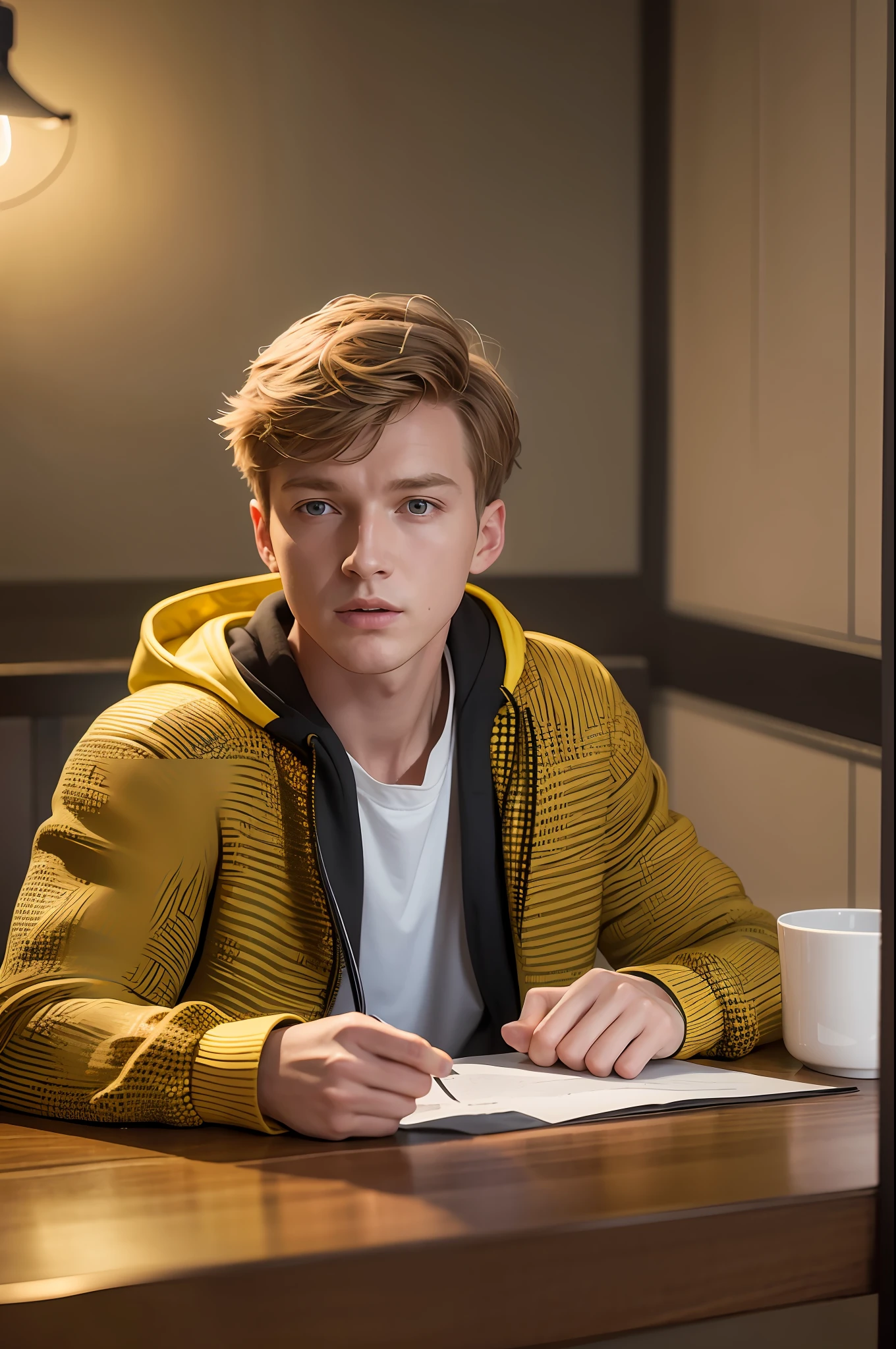 High definition image quality, 8k photo, intricate details: 1.2, cinematic lighting, German actor, Louis Hofmann, with hood and yellow jacket of the Dark series, , , , , , --q 1, DSLR --v 6 --s2