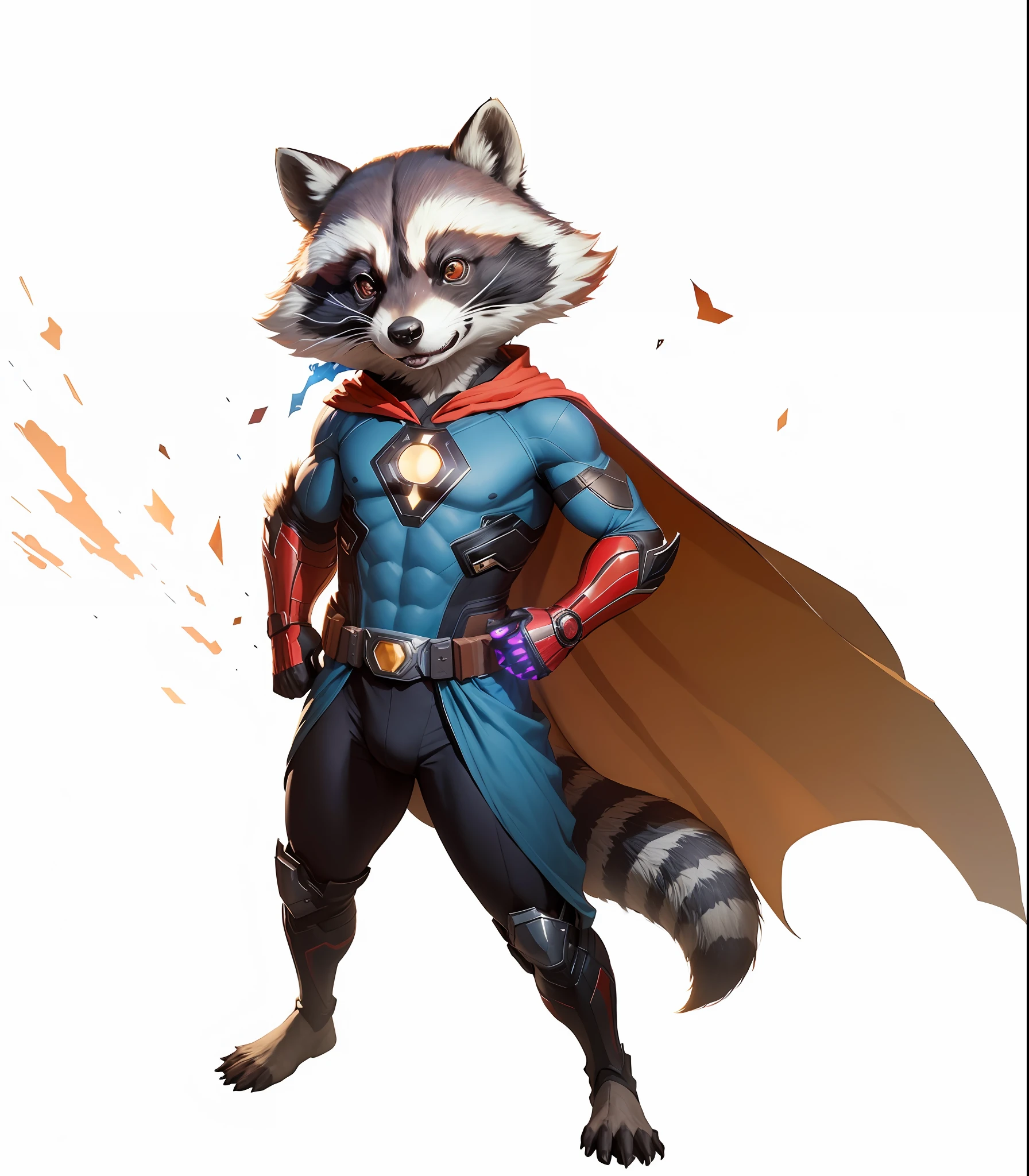8k, realistic, charismatic, very detailed, raccoon, vision, superhero theme, full body, ray-traced images of Arthur Pan, trends on Artstation, digital art, red and cinematic lighting, dramatic shadows and beautiful vivid colors capture scenes. Romantic art style, flat perspective, character standing, perfect face, raccoon, vision, infinity stones, tights, fabric