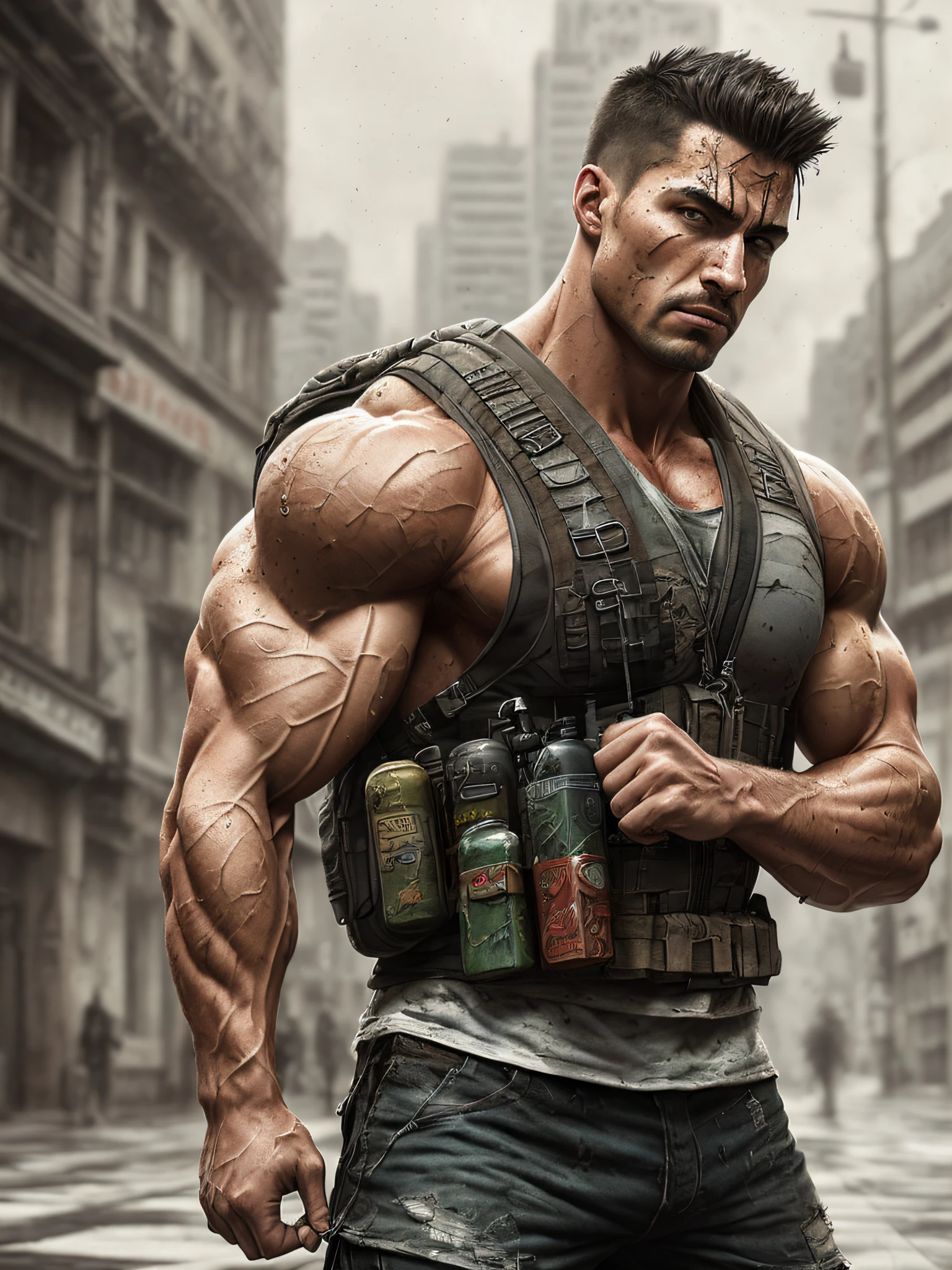 strong muscular man, street angry, backpack, epic realistic, photo, faded, complex stuff around, intricate background, soaking wet, neutral colors, ((((hdr)))), ((((muted colors)))), intricate scene, artstation, intricate details, vignette