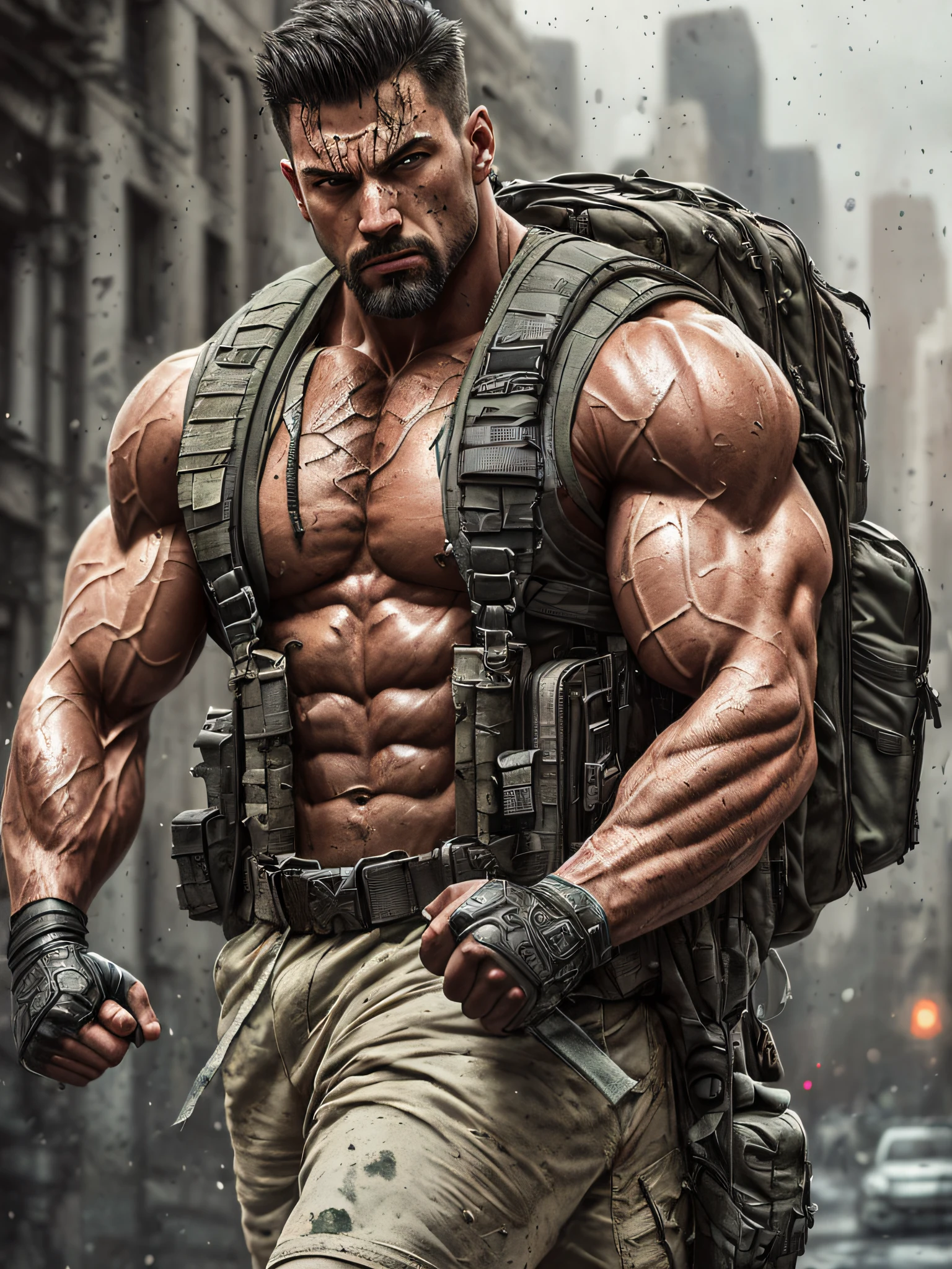 strong muscular man, street angry, backpack, epic realistic, photo, faded, complex stuff around, intricate background, soaking wet, neutral colors, ((((hdr)))), ((((muted colors)))), intricate scene, artstation, intricate details, vignette