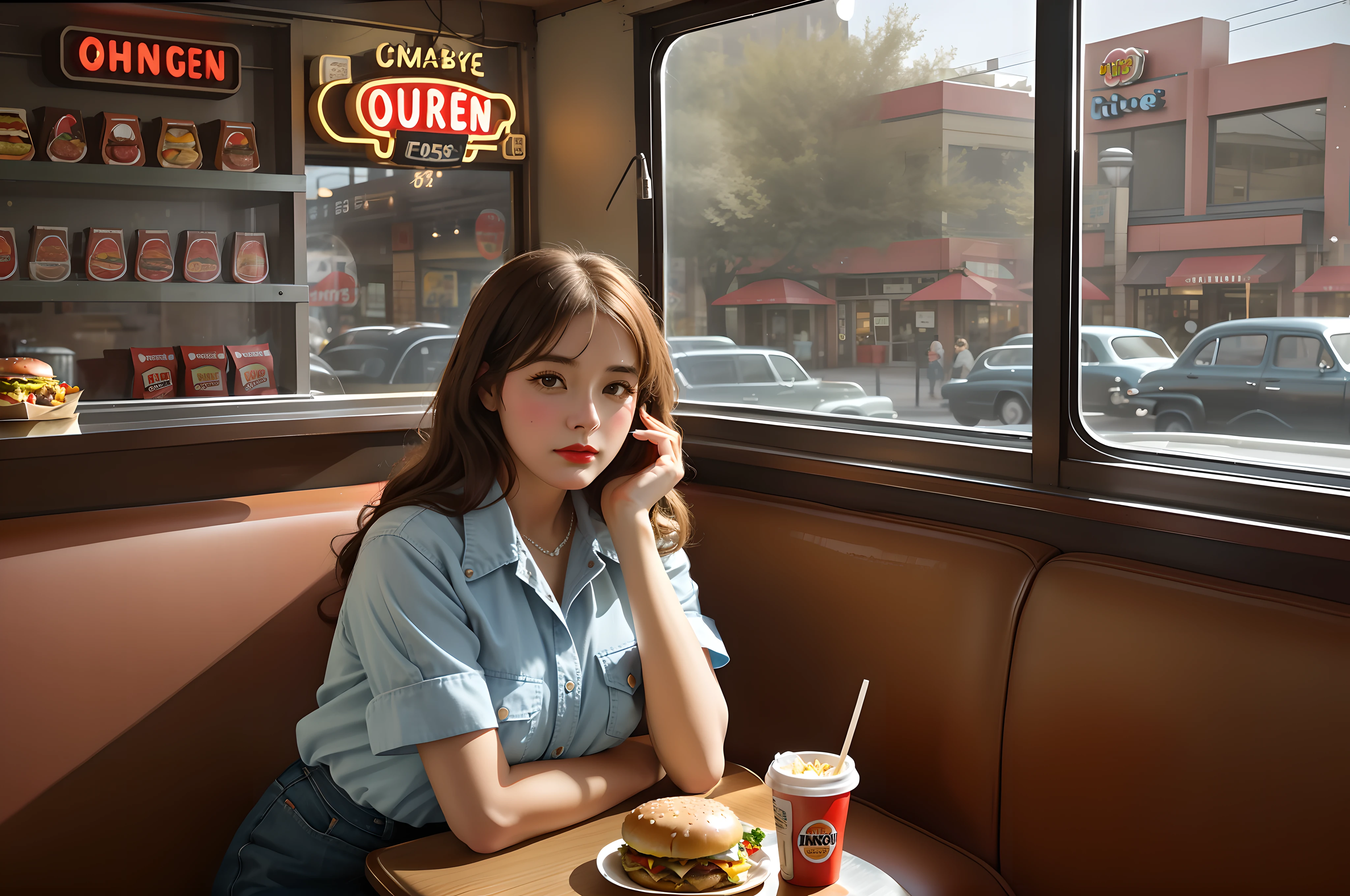 1950s, suburb western USA style, in a family restaurant, fast food restaurant, cold light,idle young people, my girlfriend sitting on the couch, head supported by her arms,she looks out of the window,a big hamburger and a packet of french fries on the table, but not feeling like eating ,