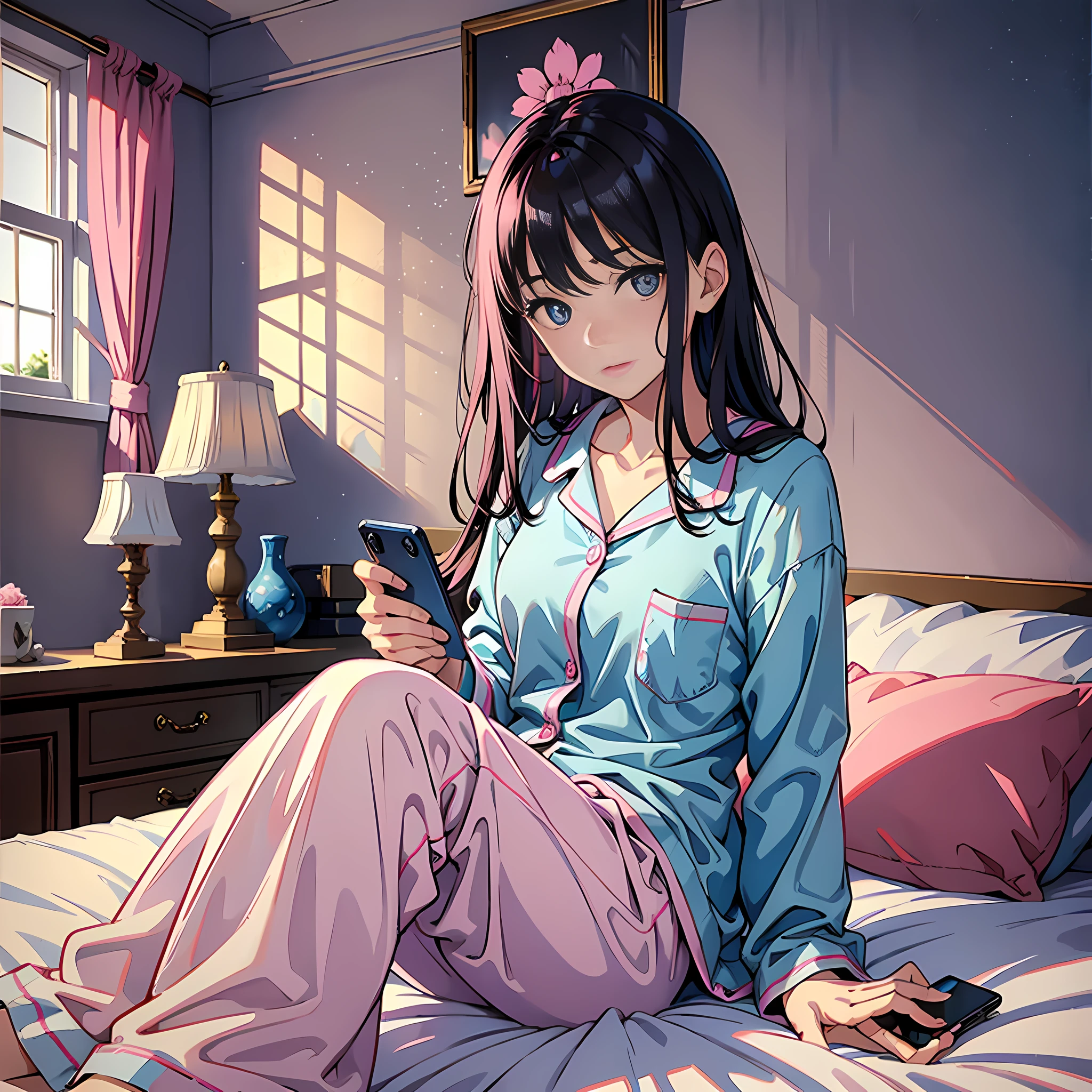 1 woman, delicate face, black hair, blue pupils, pink pajamas, sitting on bed, holding a mobile phone, facing the camera, thinking, surreal