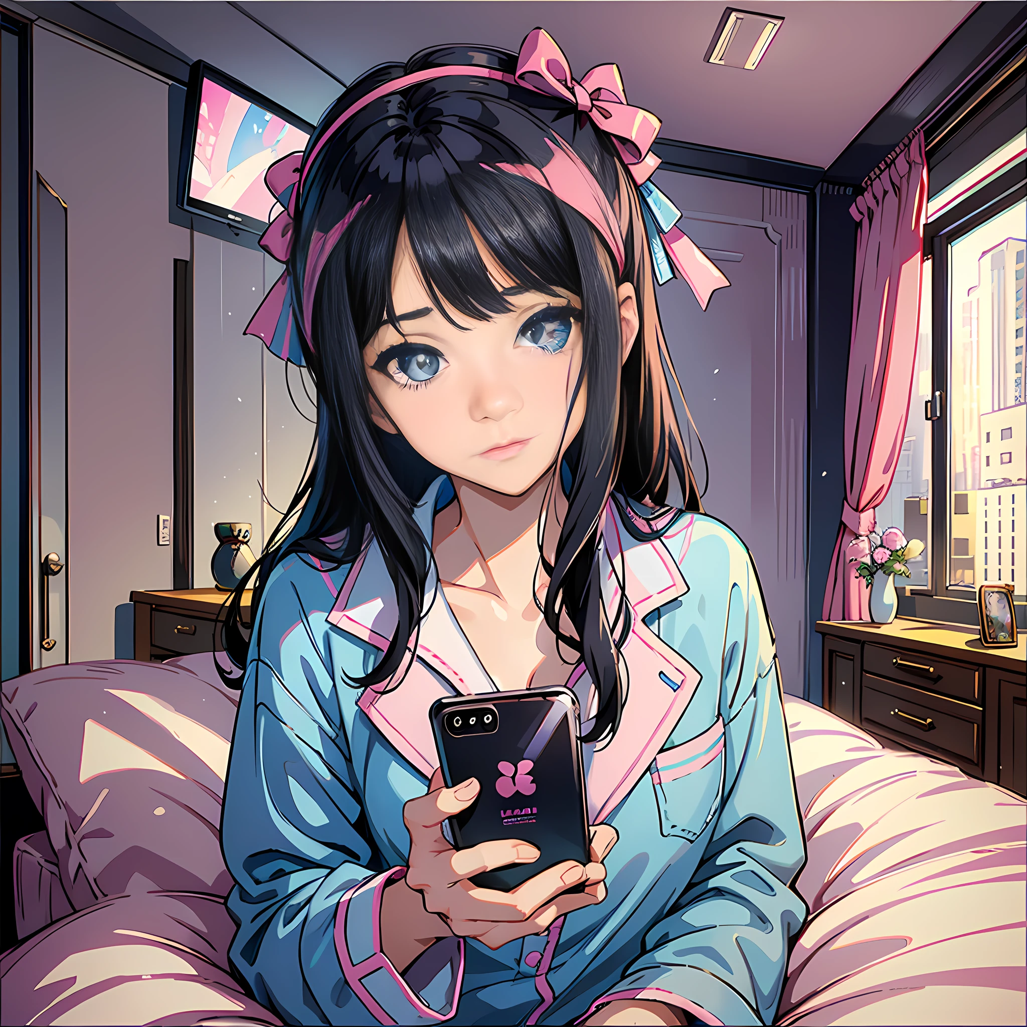 1 woman, delicate face, black hair, blue pupils, pink pajamas, sitting on bed, holding a mobile phone, facing the camera, thinking, surreal