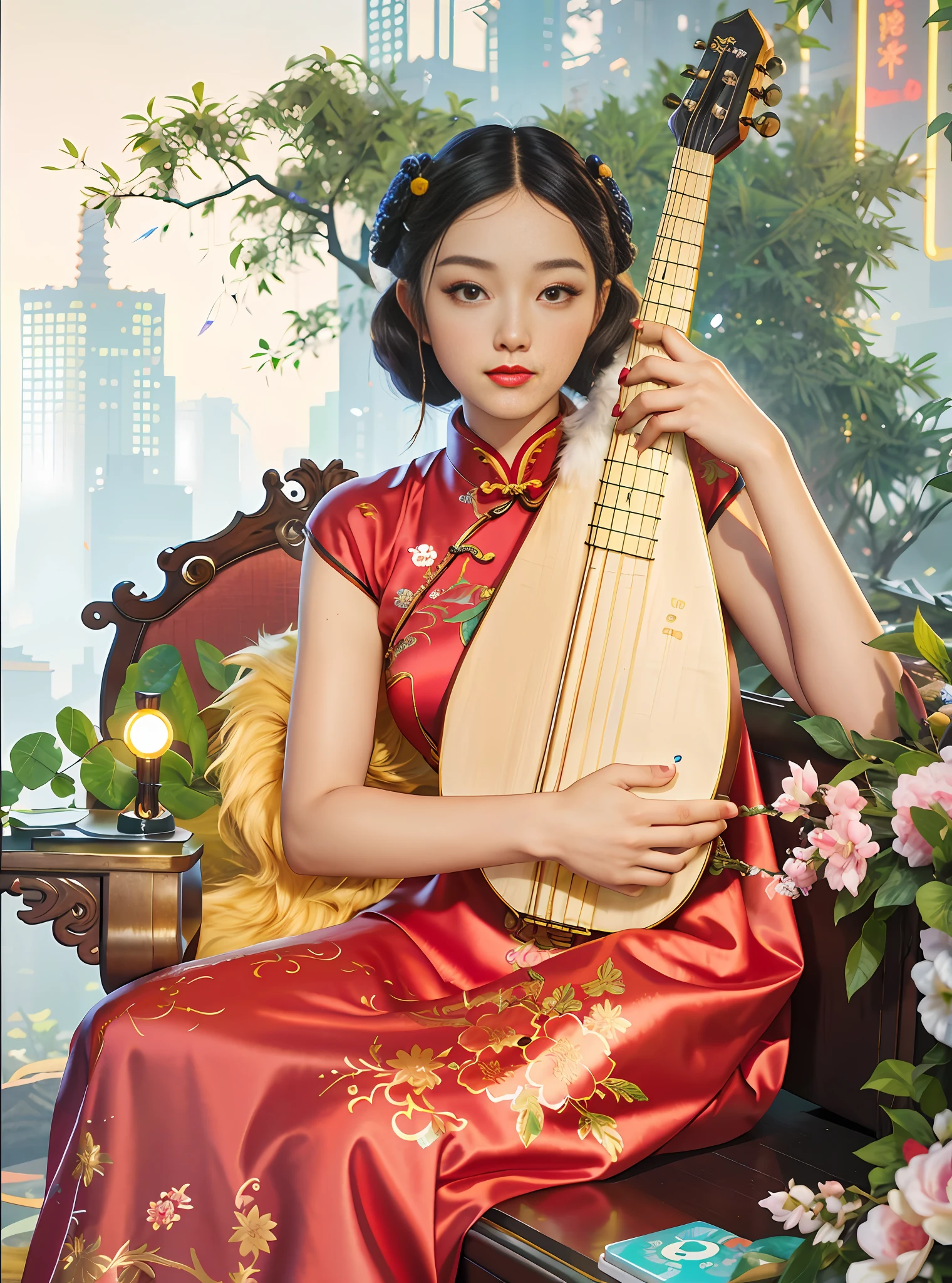 lute,Realistic, high resolution, 1 girl in gorgeous cheongsam, (fur), (raw photo,intricate ultra-detailed costumes: 1.4, extremely gorgeous costumes), 1930s Shanghai,vintagepunk sofa,vintagepunk gramophone,vintagepunk telephone,vintagepunk lamp,vintage furnitures,vintagepunk background, cinematic lighting,neons, masterpiece, perfect anatomy, perfect face, abstract beauty, illustration, best quality, (official art, extremely detailed CG Unity 8k wallpaper), highly detailed, absurd, 8k resolution, (((realistic))), (((realistic))), popular on art stations