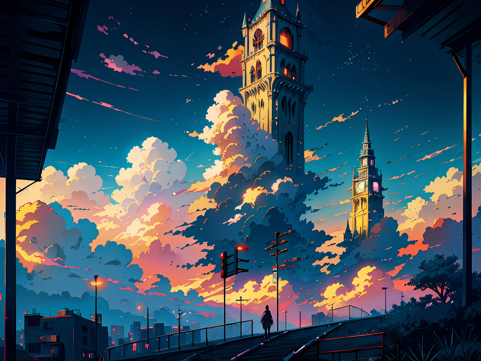 anime scenery of a city with a tower and a sky, anime art wallpaper 4 k, anime art wallpaper 4k, anime clouds, makoto shinkai cyril rolando, by sylvain sarrailh, anime art wallpaper 8 k, inspired by sylvain sarrailh, 4k highly detailed digital art, anime wallpaper 4k, anime wallpaper 4 k