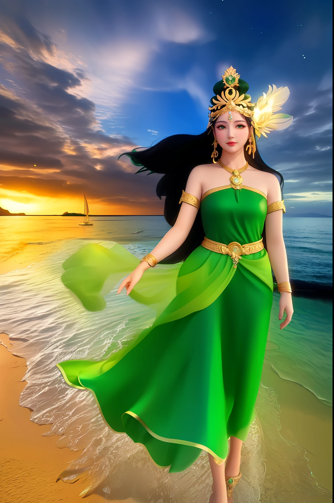 a close up of a woman in a green dress on a beach, beautiful goddess, earth goddess mythology, female goddess, goddess of nature, goddess of love and peace, goddess of travel, goddess of greek mythology, godess, nature goddess, divine goddess, gorgeous goddess of leo, javanese mythology, the greek goddess aphrotite, goddess of beauty