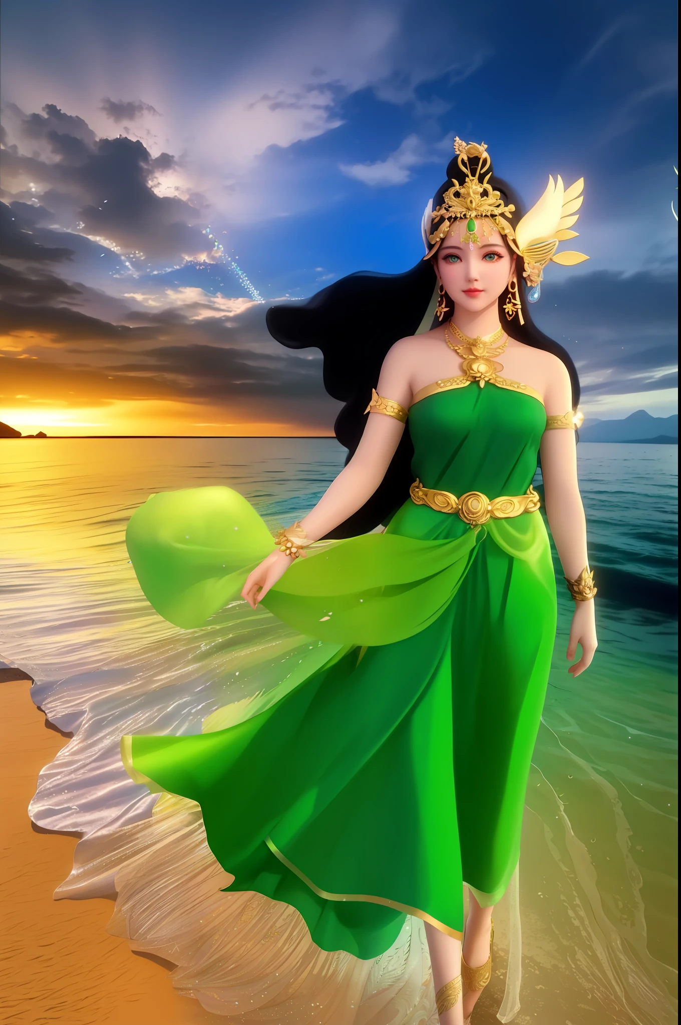 a close up of a woman in a green dress on a beach, beautiful goddess, earth goddess mythology, female goddess, goddess of nature, goddess of love and peace, goddess of travel, goddess of greek mythology, godess, nature goddess, divine goddess, gorgeous goddess of leo, javanese mythology, the greek goddess aphrotite, goddess of beauty