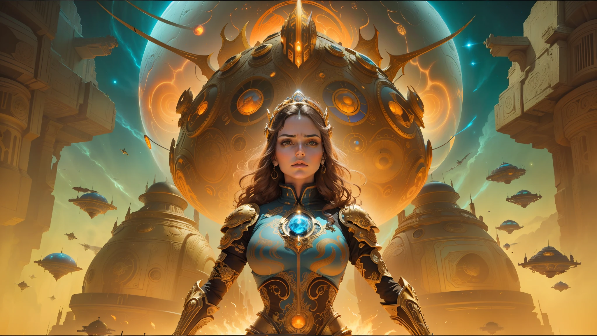 arafed image of a woman with a sci - fiore in her hands, jodorowsky's dune, mark brooks detailed, ornate gilded cosmic machine, josan gonzales and dan mumford, kirill leonov, fractal automaton, symmetry! futuristic robotic, megadeth, blu ray cover usa, orange hue, clothed in ancient battle armor --auto --s2