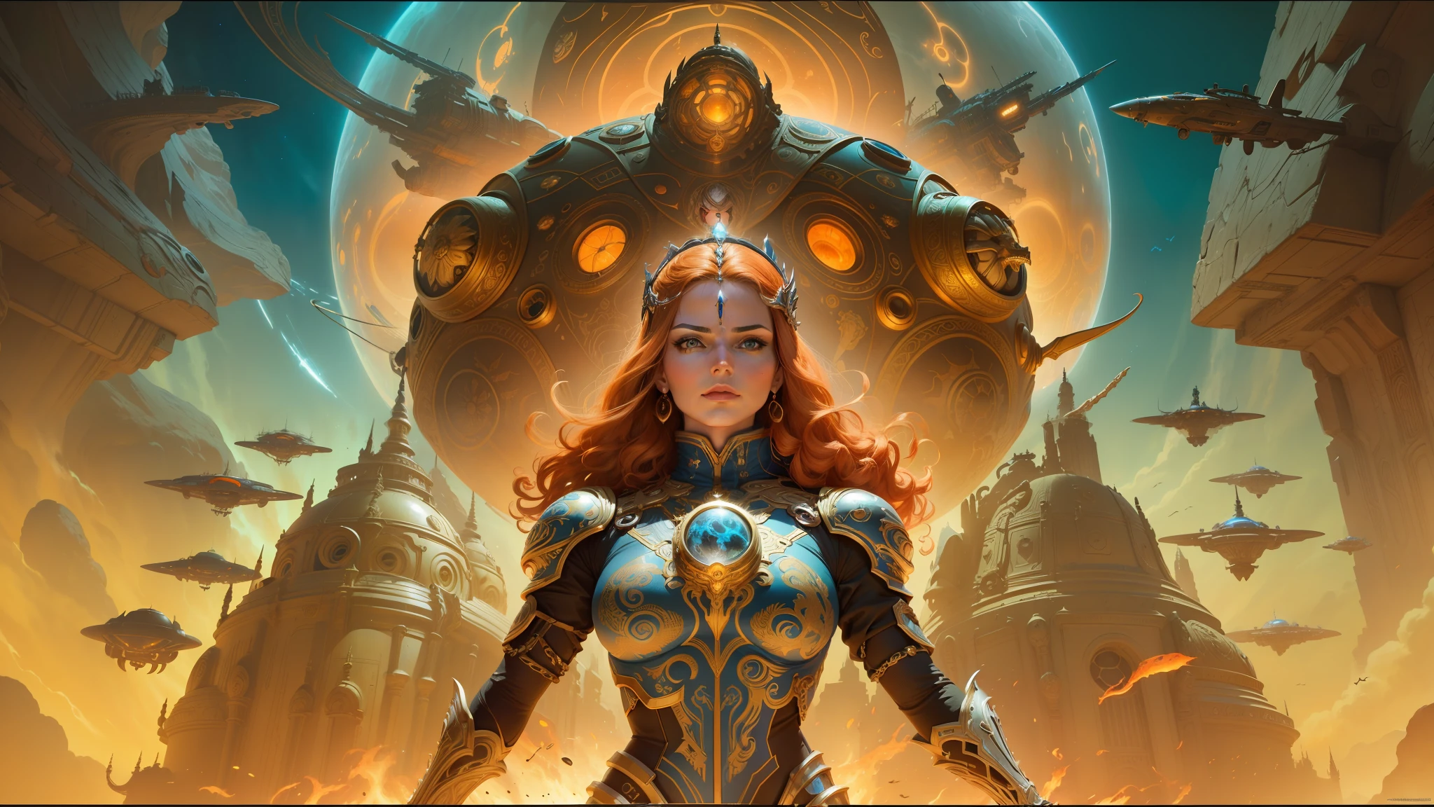arafed image of a woman with a sci - fiore in her hands, jodorowsky's dune, mark brooks detailed, ornate gilded cosmic machine, josan gonzales and dan mumford, kirill leonov, fractal automaton, symmetry! futuristic robotic, megadeth, blu ray cover usa, orange hue, clothed in ancient battle armor --auto --s2