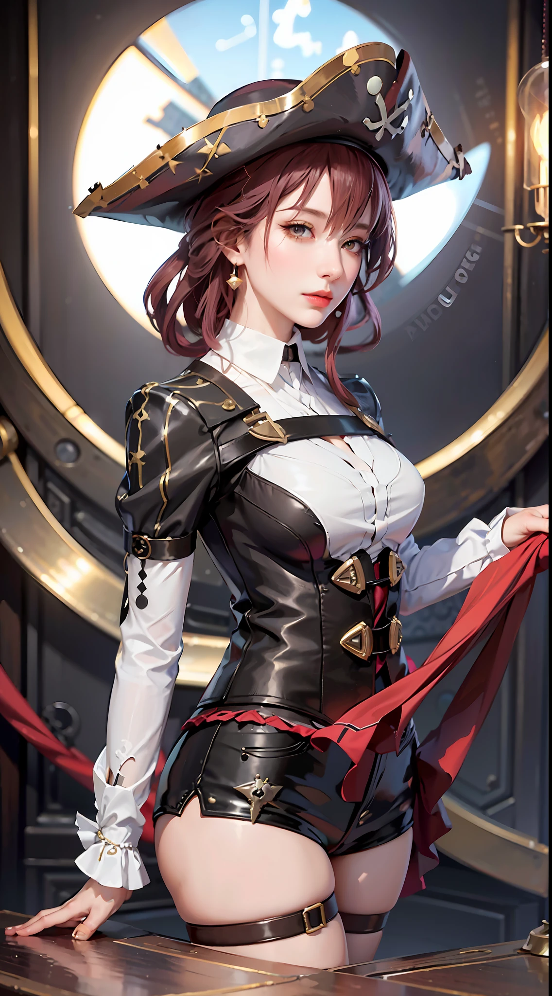 Original, close-up, steampunk, ((gear giant ship background, precision gear deck)), full body portrait, very detailed wallpaper, very detailed illustrations, (1 girl), perfect female body, beautiful eyes, (delicate face), (seductive expression), eyes, shock, ((pirate hat, pirate suit,)), (pirate, classical complex luxury pirate ship)), (red lips) (delicate and intricate black gloves), (fair skin), (best lighting), (super complex details), 4K unity, (( Super detailed CG), revealing fair legs, stockings, hot pants, shorts,