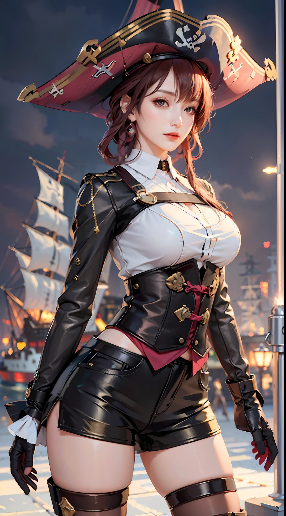 Original, close-up, steampunk, ((gear giant ship background, precision gear deck)), full body portrait, very detailed wallpaper, very detailed illustrations, (1 girl), perfect female body, beautiful eyes, (delicate face), (seductive expression), eyes, shock, ((pirate hat, pirate suit,)), (pirate, classical complex luxury pirate ship)), (red lips) (delicate and intricate black gloves), (fair skin), (best lighting), (super complex details), 4K unity, (( Super detailed CG), revealing fair legs, stockings, hot pants, shorts,
