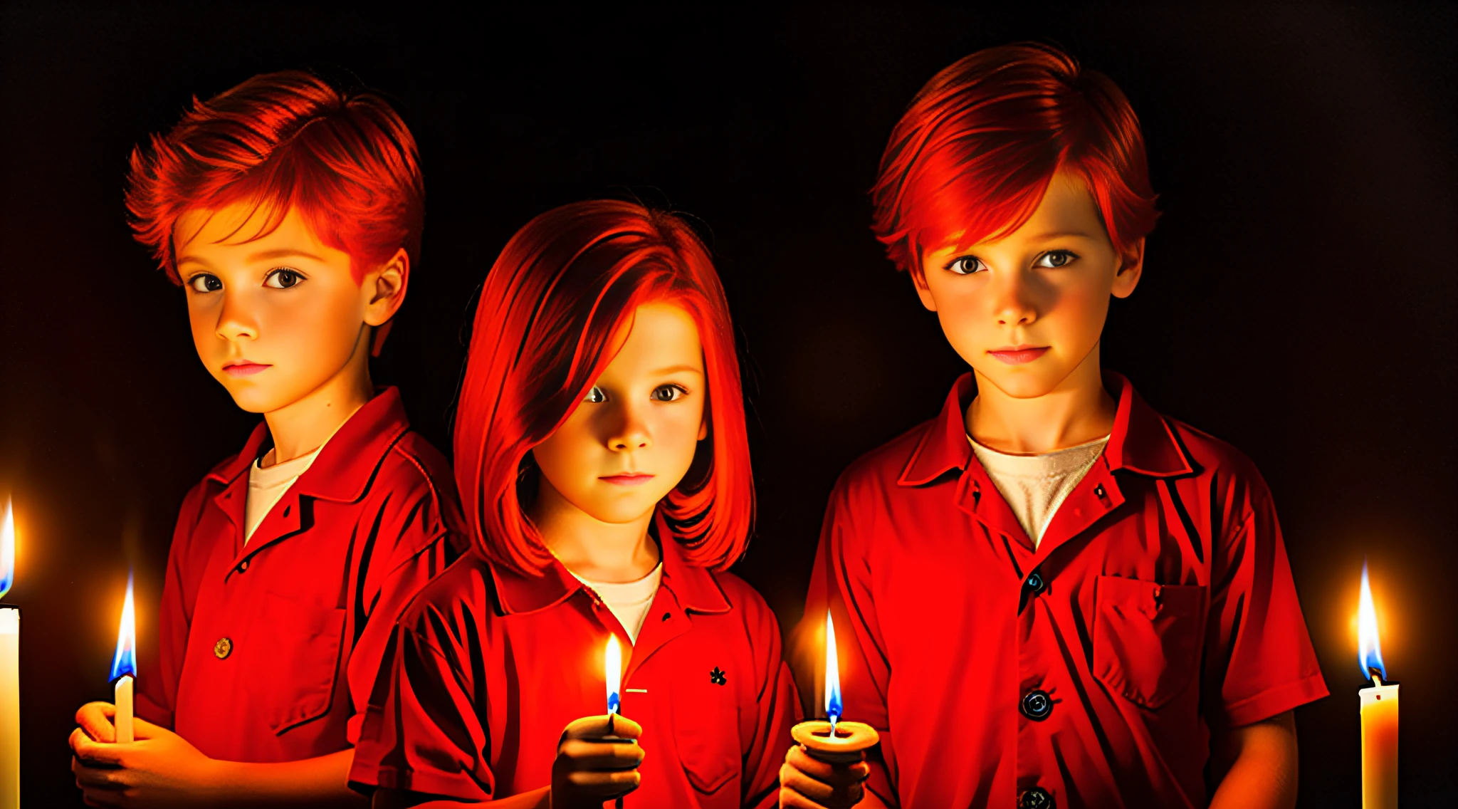 REDHEAD CHILDREN BOYS WITH STRAIGHT HAIR, with little fire in their hands, RED BACKGROUND, CANDLES WITH FIRE.