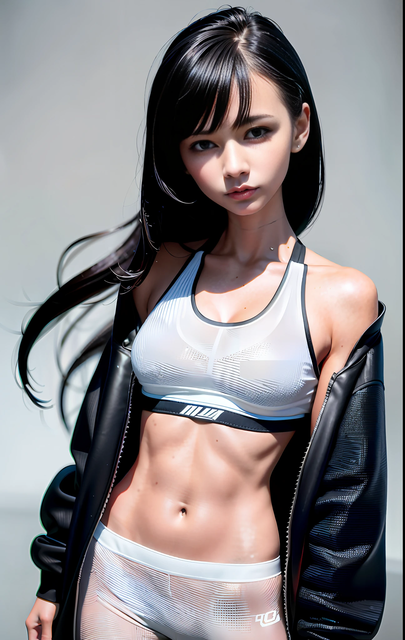 sports bra, sports jacket, sweatpants, no panties (cyberpunk environment: 1.2), makeup, (1 girl: 1.4), best quality, masterpiece, (realistic: 1.2), young woman, lady, detailed face, detailed eyes, detailed hair, detailed skin, viewer look, spectacular, bright, clear focus, 50mm, F1.2, EOS R8 (3/4 body: 1.2), standing, (complex background: 1.6), (Best quality details: 1.2), 8K high definition,
