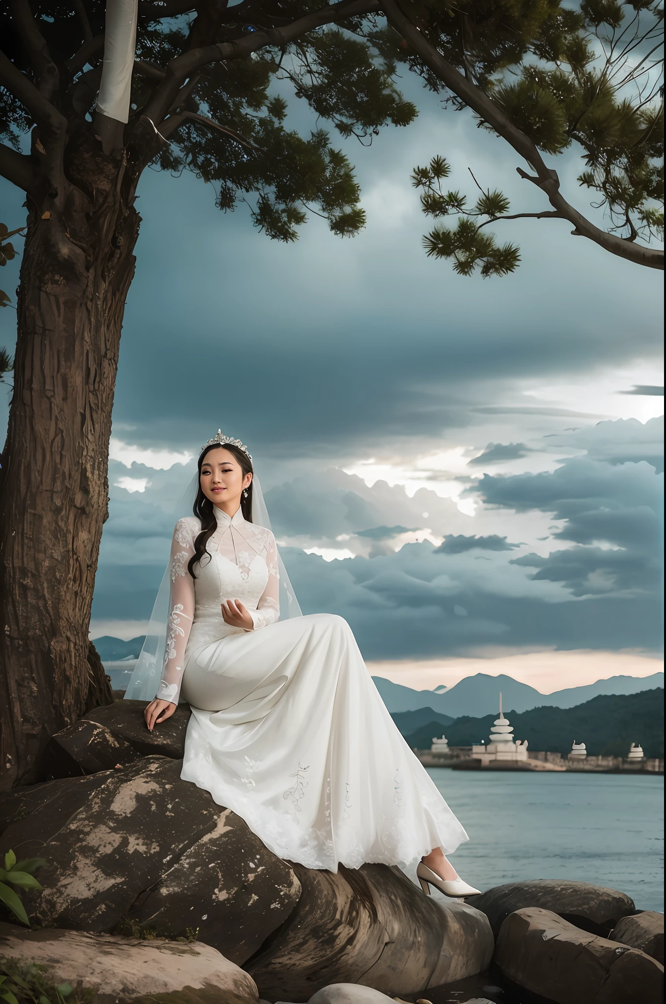 bride sitting on a rock near a tree with a star in the sky, wedding photography, outdoor fine photography, ao dai, professional wedding photography, with dramatic lighting, photo taken with nikon d 7 5 0, photo taken with nikon d750, dramatic intense lighting, by Basuki Abdullah, long shot dramatic lighting, queen of the sea mu yanling, portrait shot