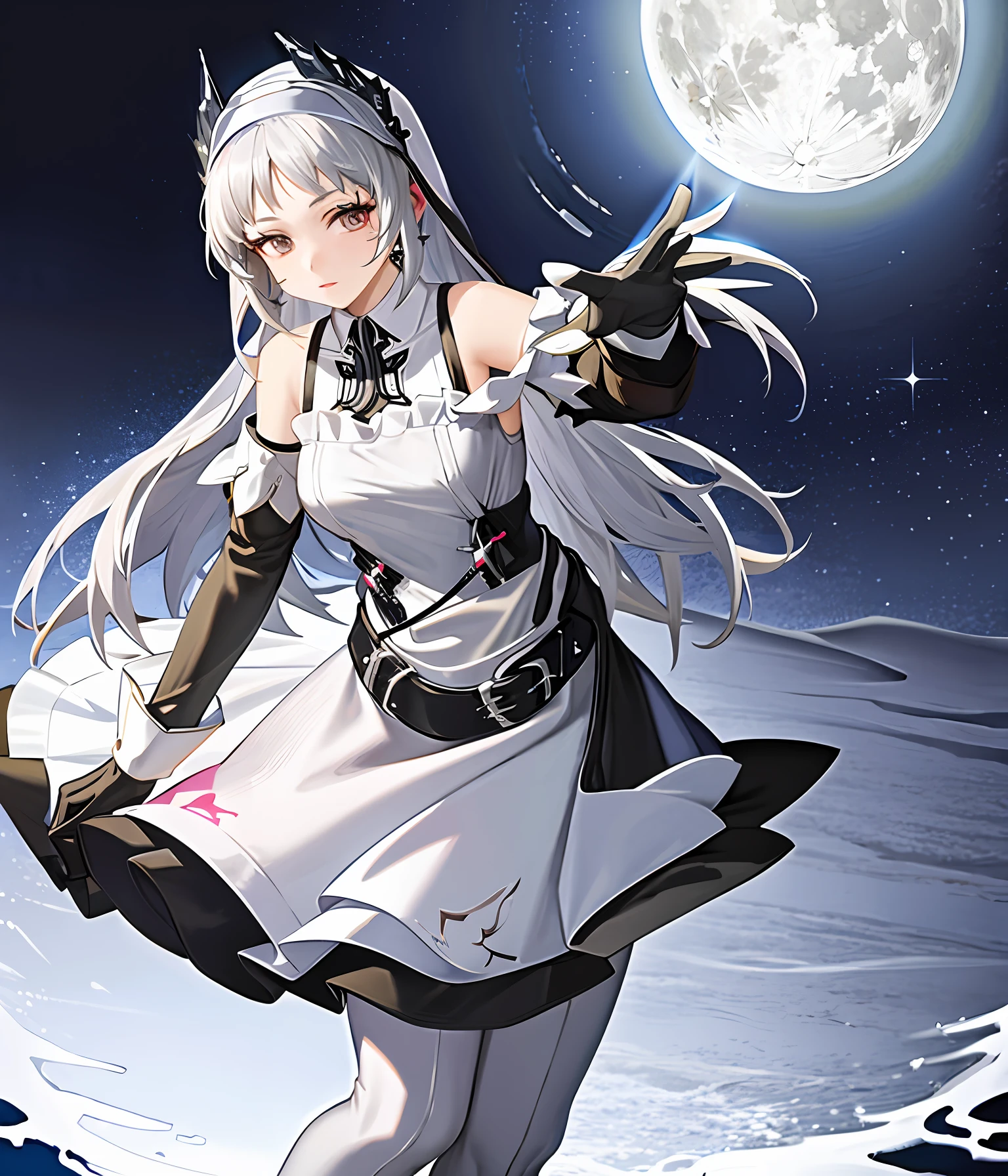 Maiden, moon-white hair, silver armour, silver mechanical fistholster, nun dress, bare belly, bare shoulders, (((magical girl))))) black translucent tights,
