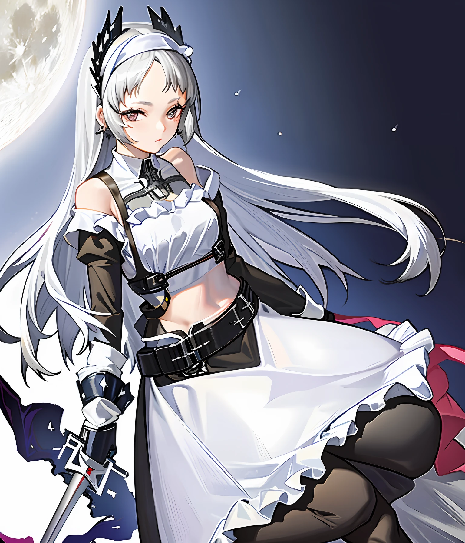 Maiden, moon-white hair, silver armour, silver mechanical fistholster, nun dress, bare belly, bare shoulders, (((magical girl))))) black translucent tights,