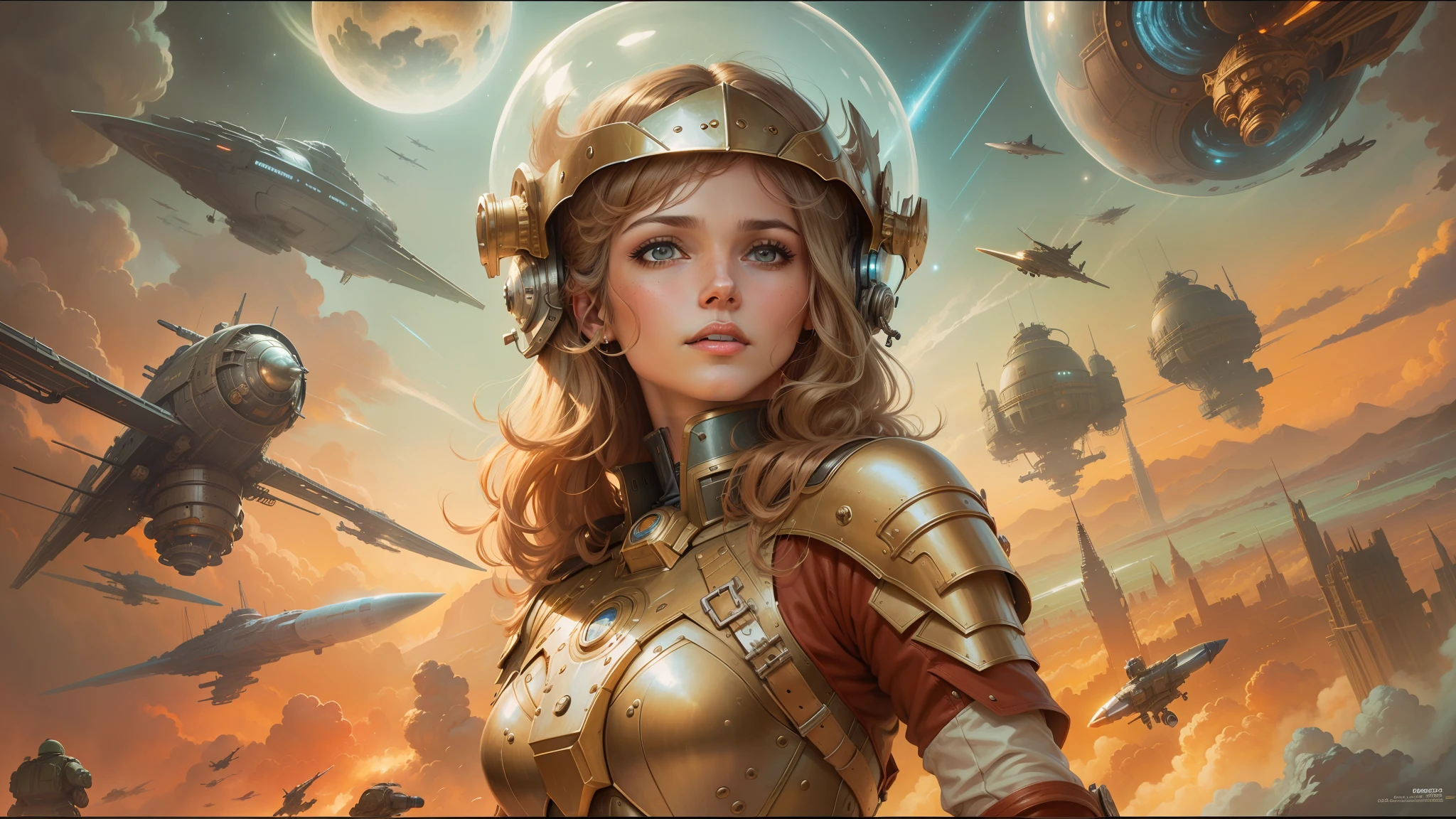 a close up of a woman in a helmet and armor, les edwards poster art, spaceships in the sky, style of laura sava, 7 0 s, gaston bussiere and artgerm, 1 9 7 0 s female alive, juxtapoz, marc brunet, astrophysics, art style of noel coypel, militaristic, barbarella --auto --s2