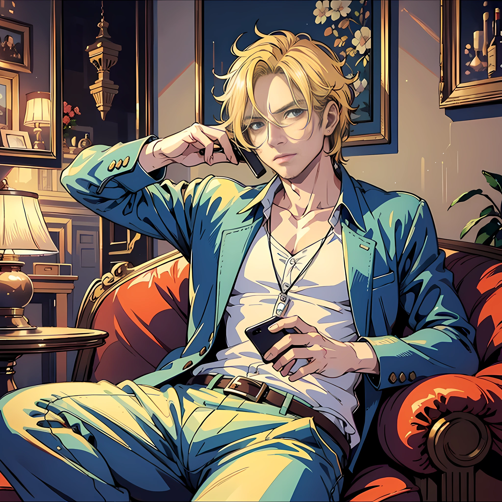 1 man, 40 years old, foreigner, blond hair, blond pupils, holding a mobile phone, sitting on a sofa, lecherous expression, surrealism