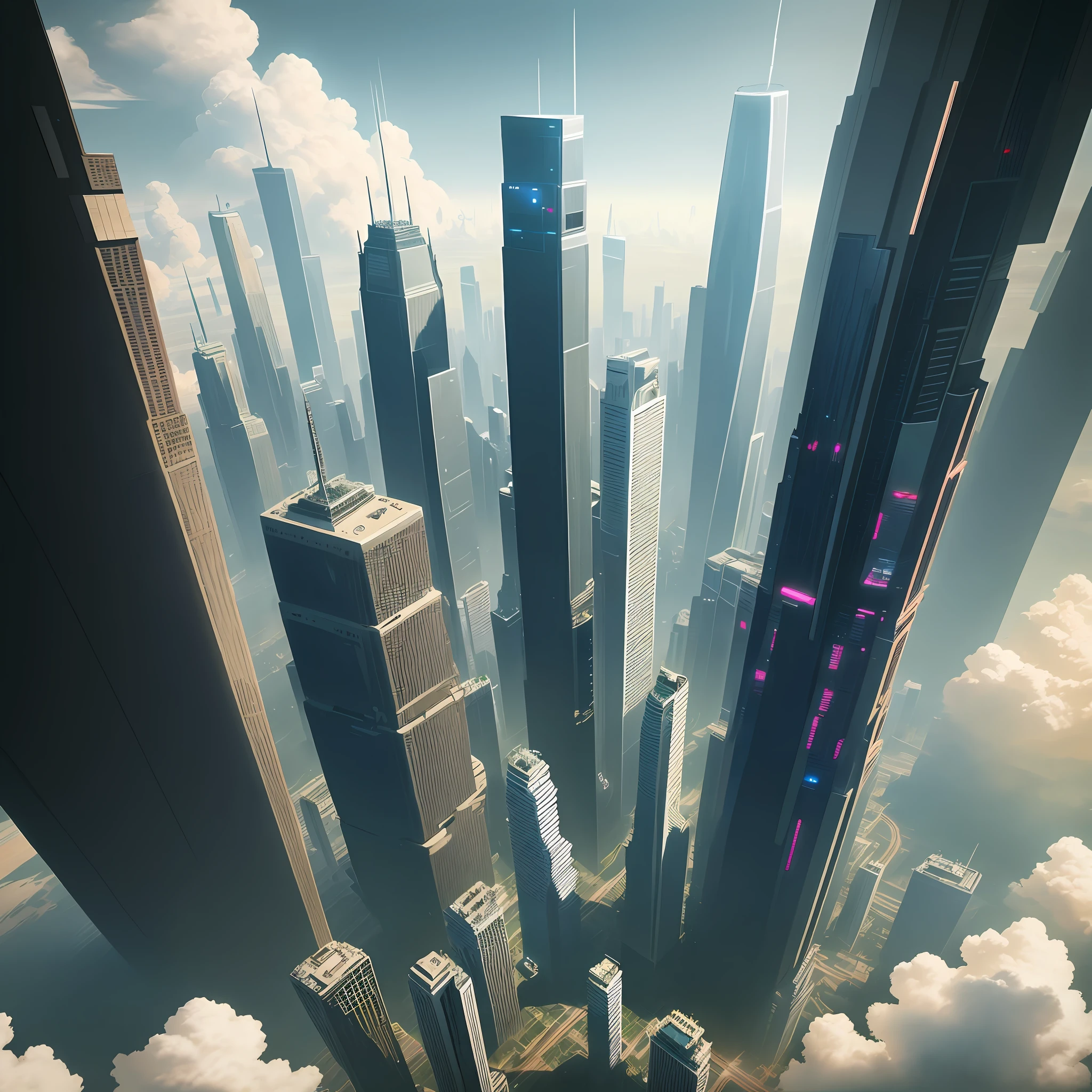 Skyscrapers penetrating the clouds from above the earth Cyberpunk Sci-Fi Top Quality Ultra High Definition Masterpiece Perfect