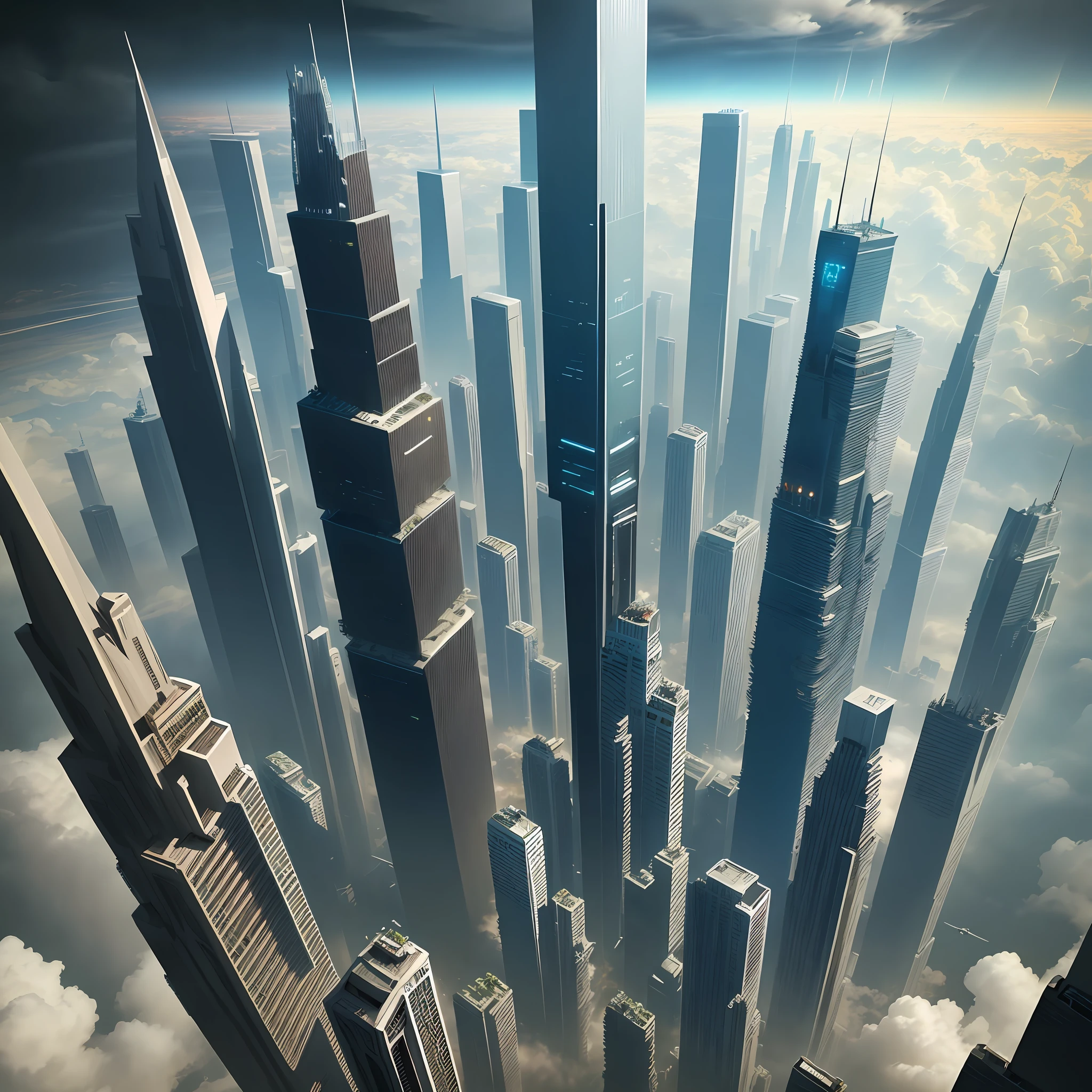 Skyscrapers penetrating the clouds from above the earth Cyberpunk Sci-Fi Top Quality Ultra High Definition Masterpiece Perfect